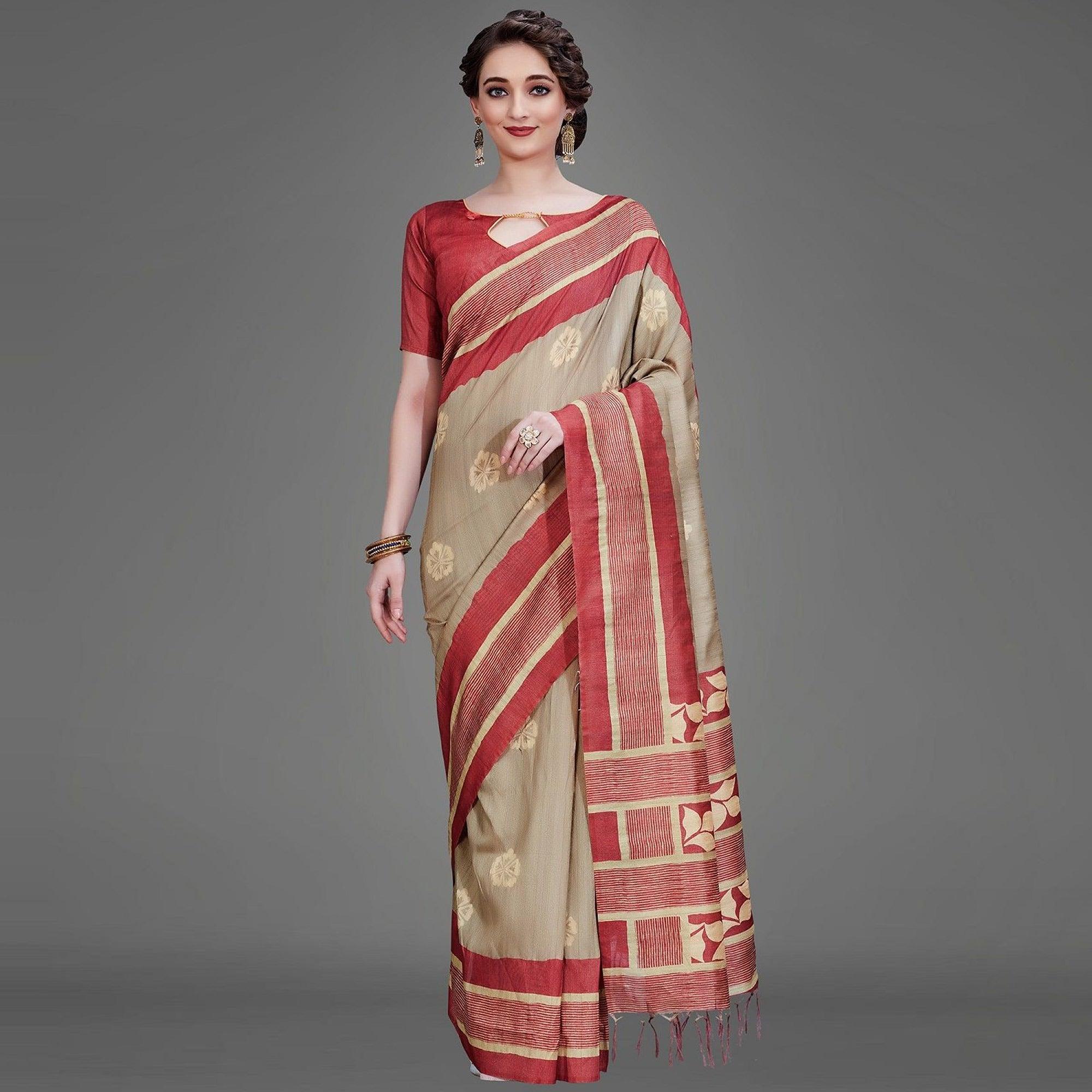 Sareemall Brown Casual Art Silk Printed Saree With Unstitched Blouse - Peachmode