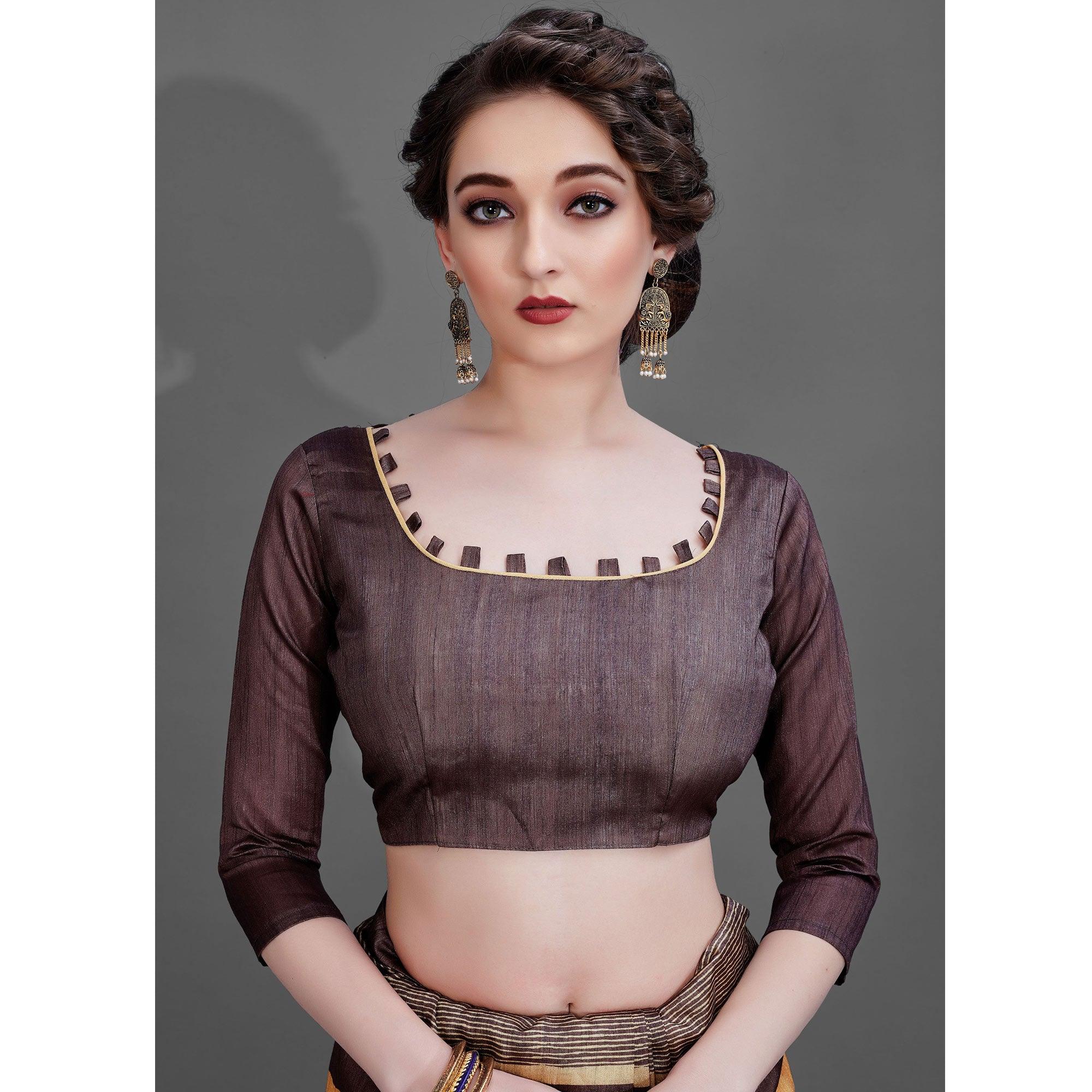 Sareemall Brown Casual Art Silk Printed Saree With Unstitched Blouse - Peachmode