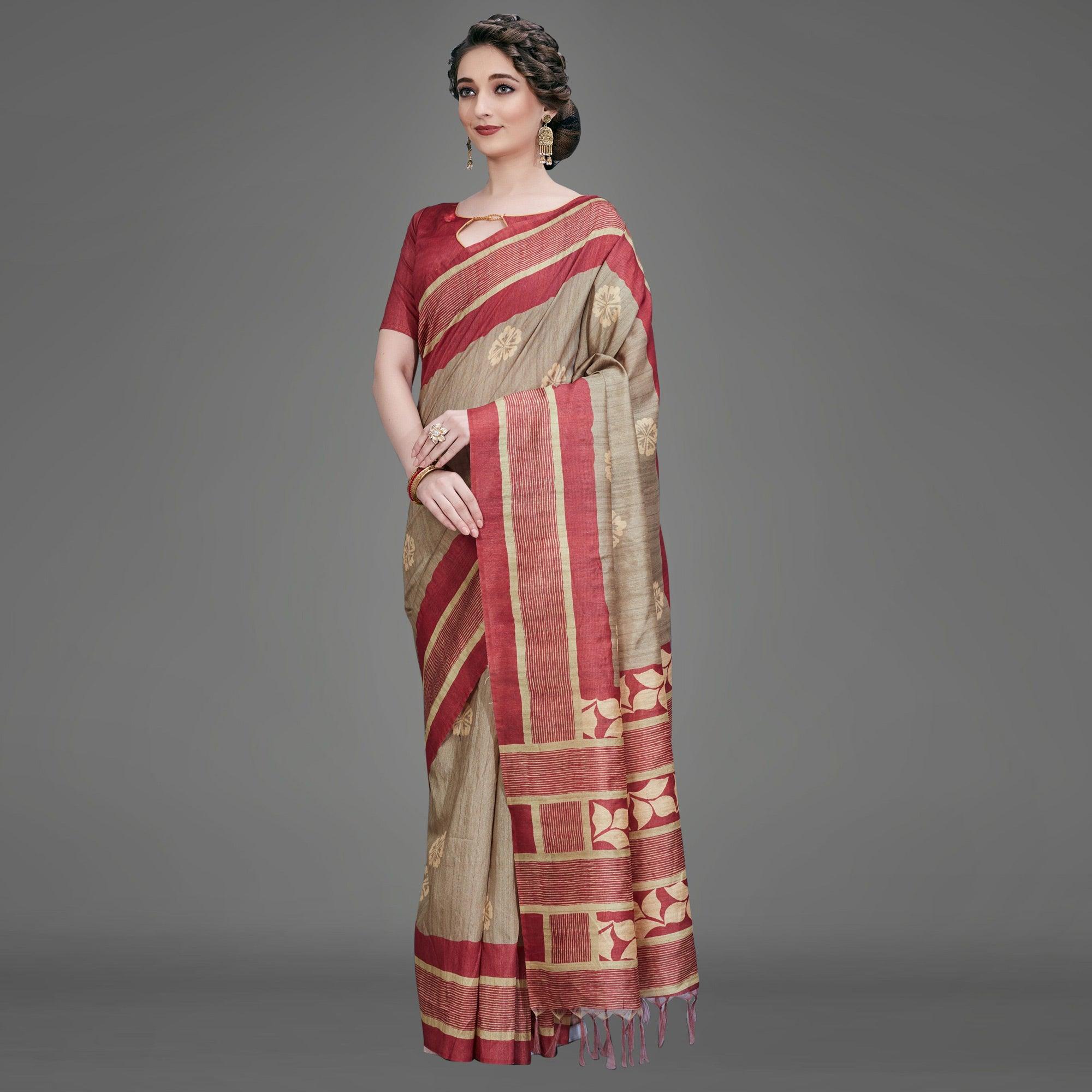 Sareemall Brown Casual Art Silk Printed Saree With Unstitched Blouse - Peachmode