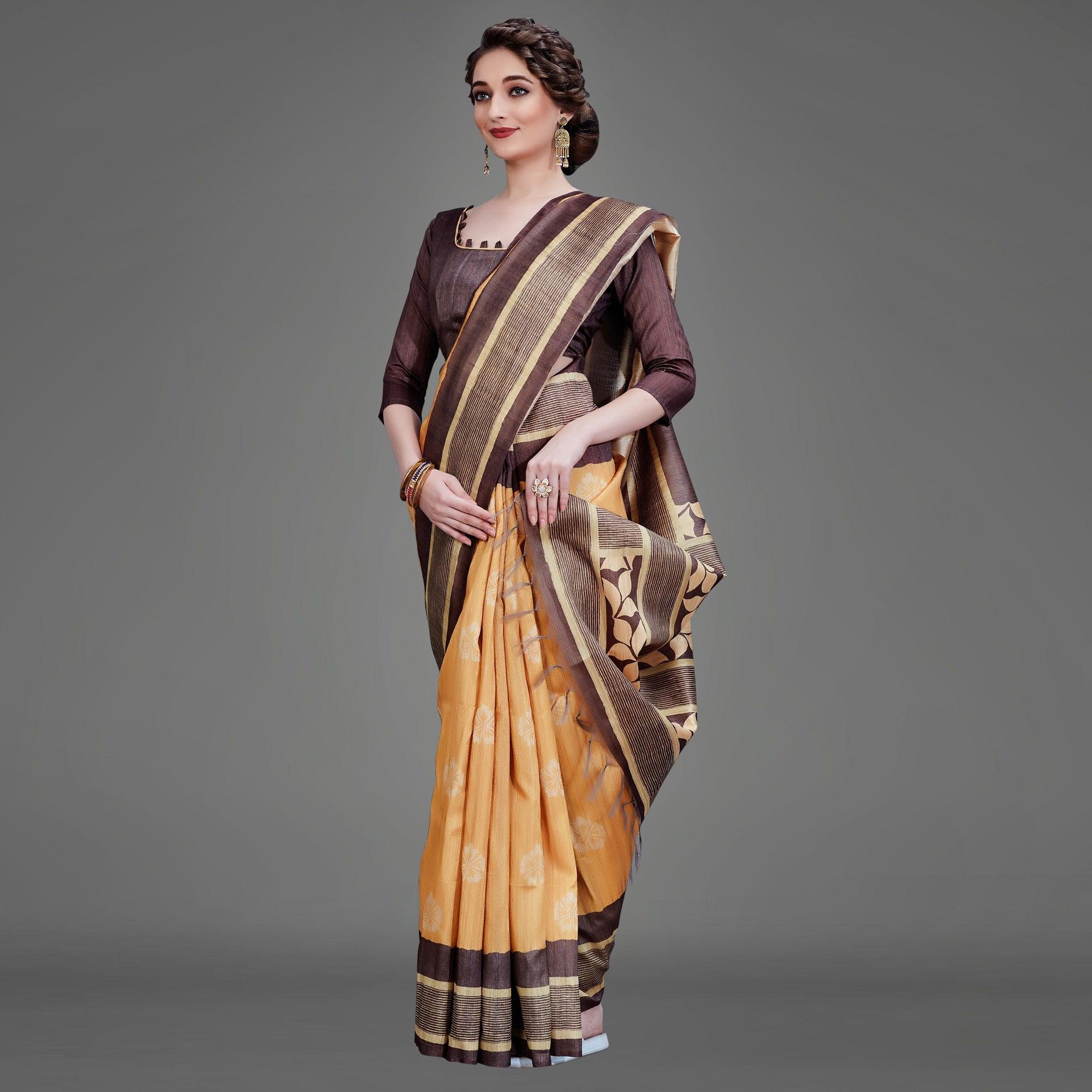 Sareemall Brown Casual Art Silk Printed Saree With Unstitched Blouse - Peachmode