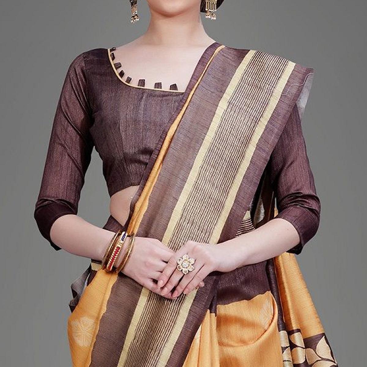 Sareemall Brown Casual Art Silk Printed Saree With Unstitched Blouse - Peachmode