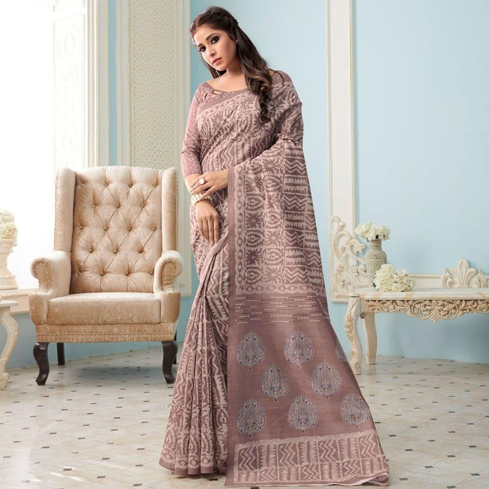 Sareemall Brown Casual Bhagalpuri Printed Saree With Unstitched Blouse - Peachmode