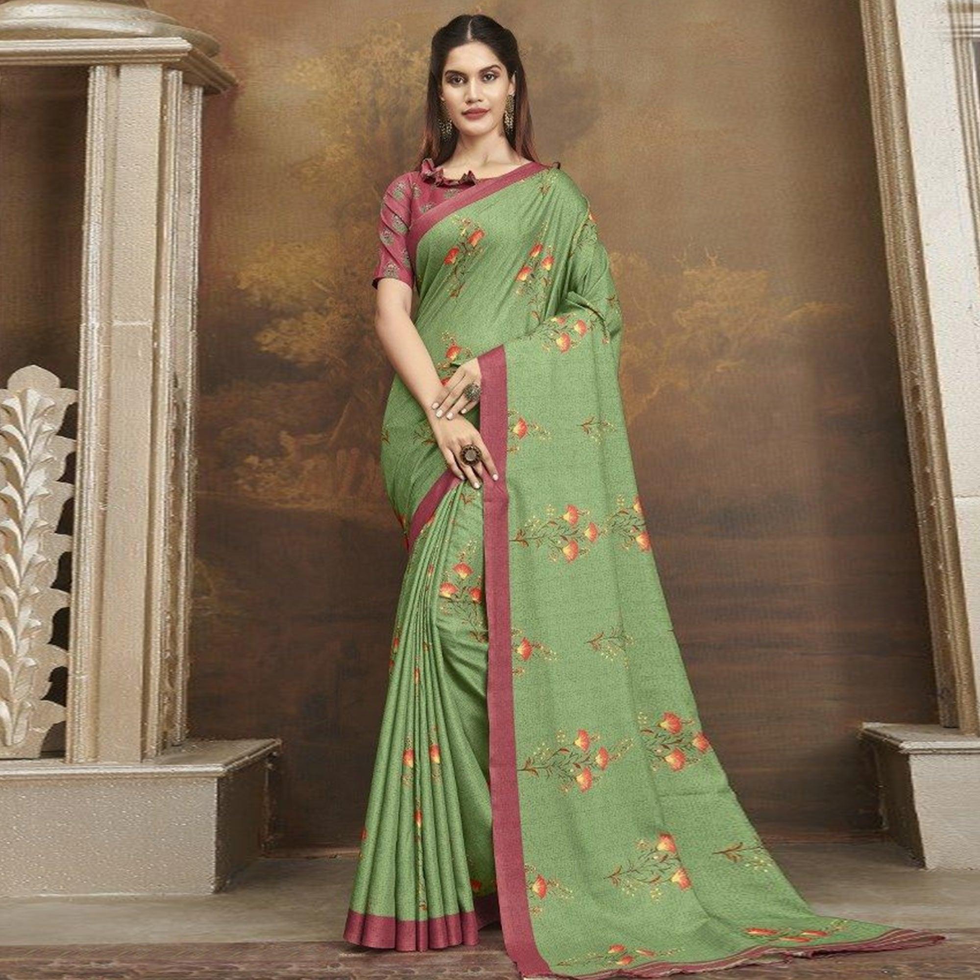 Sareemall Casual Satin Printed Saree With Unstitched Blouse Green - Peachmode