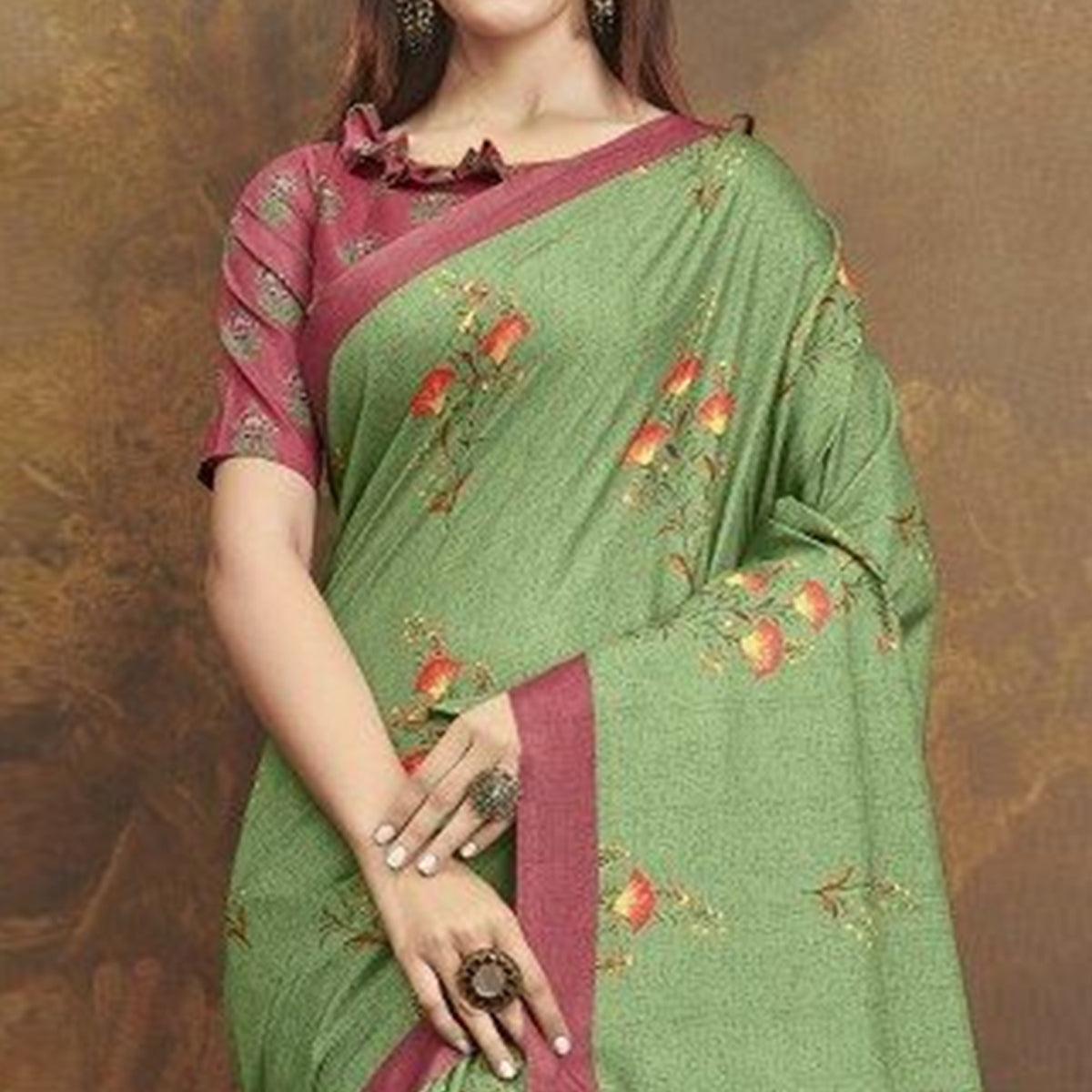 Sareemall Casual Satin Printed Saree With Unstitched Blouse Green - Peachmode