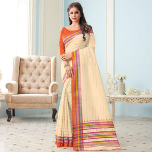 Sareemall Cream Casual Bhagalpuri Printed Saree With Unstitched Blouse - Peachmode
