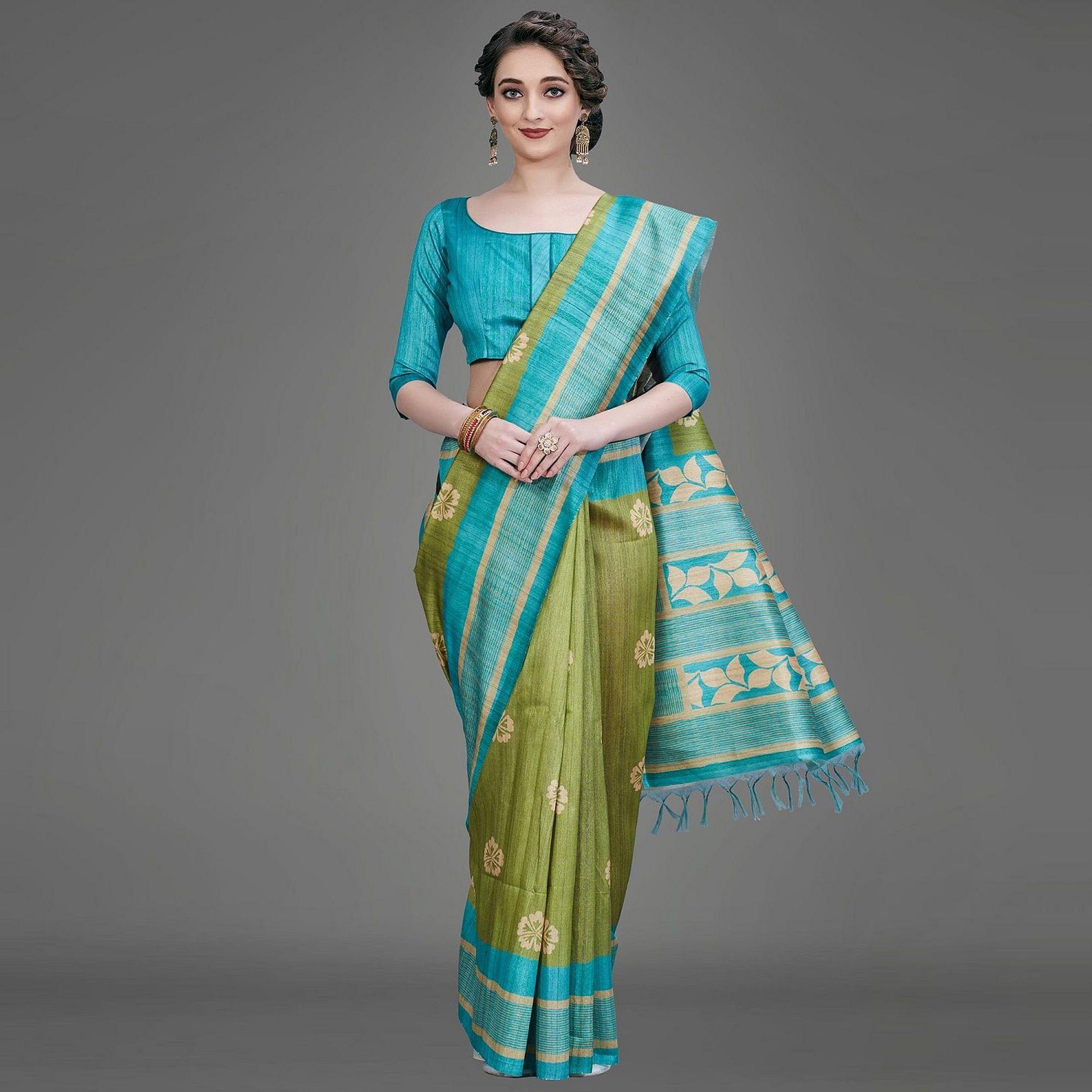 Sareemall Green Casual Art Silk Printed Saree With Unstitched Blouse - Peachmode