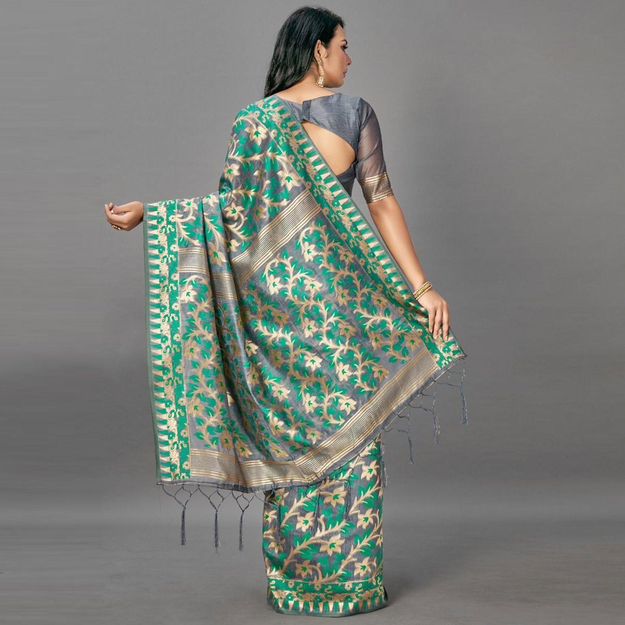 Sareemall Green Casual Bhagalpuri Silk Woven Saree With Unstitched Blouse - Peachmode