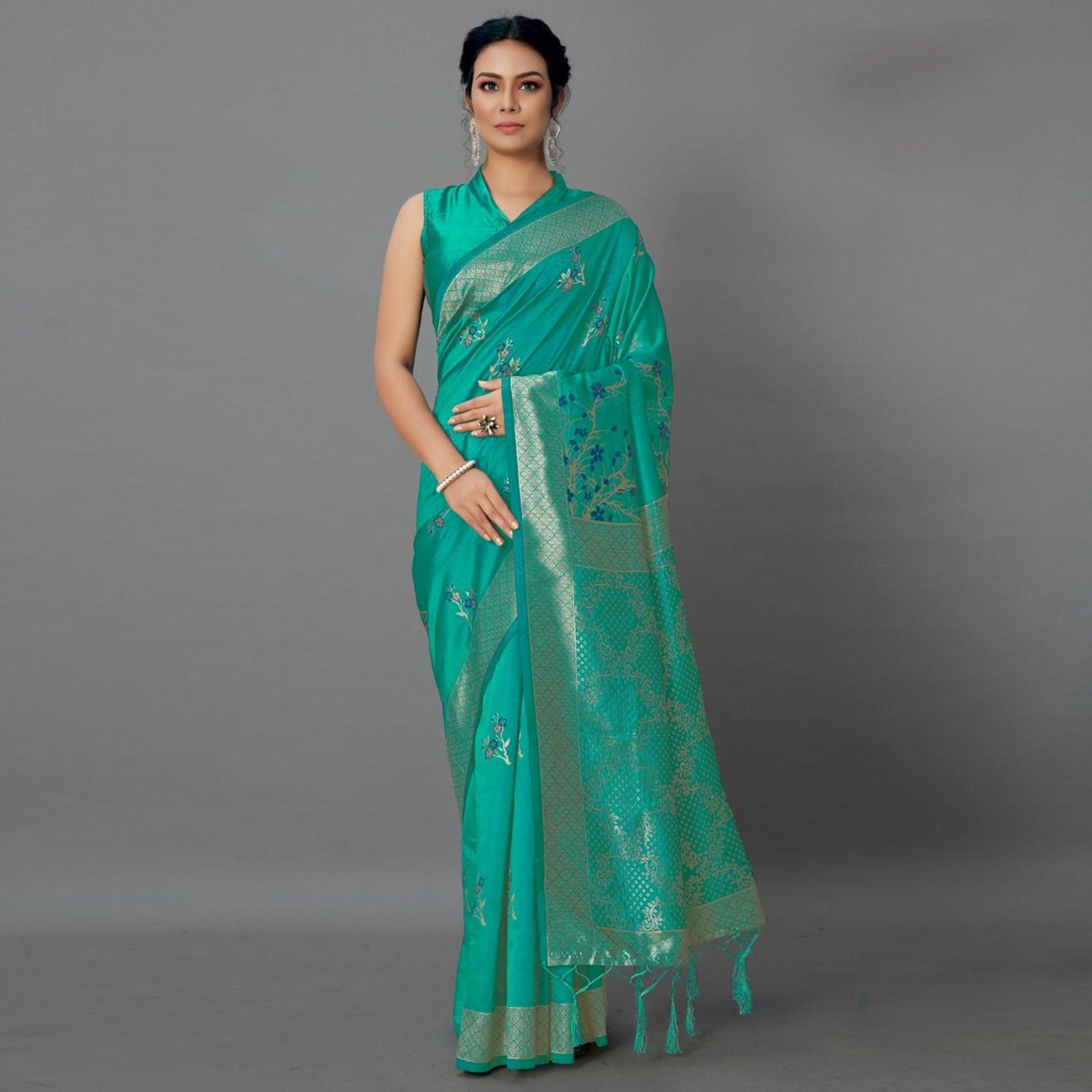 Sareemall Green Casual Silk Blend Printed Saree With Unstitched Blouse - Peachmode