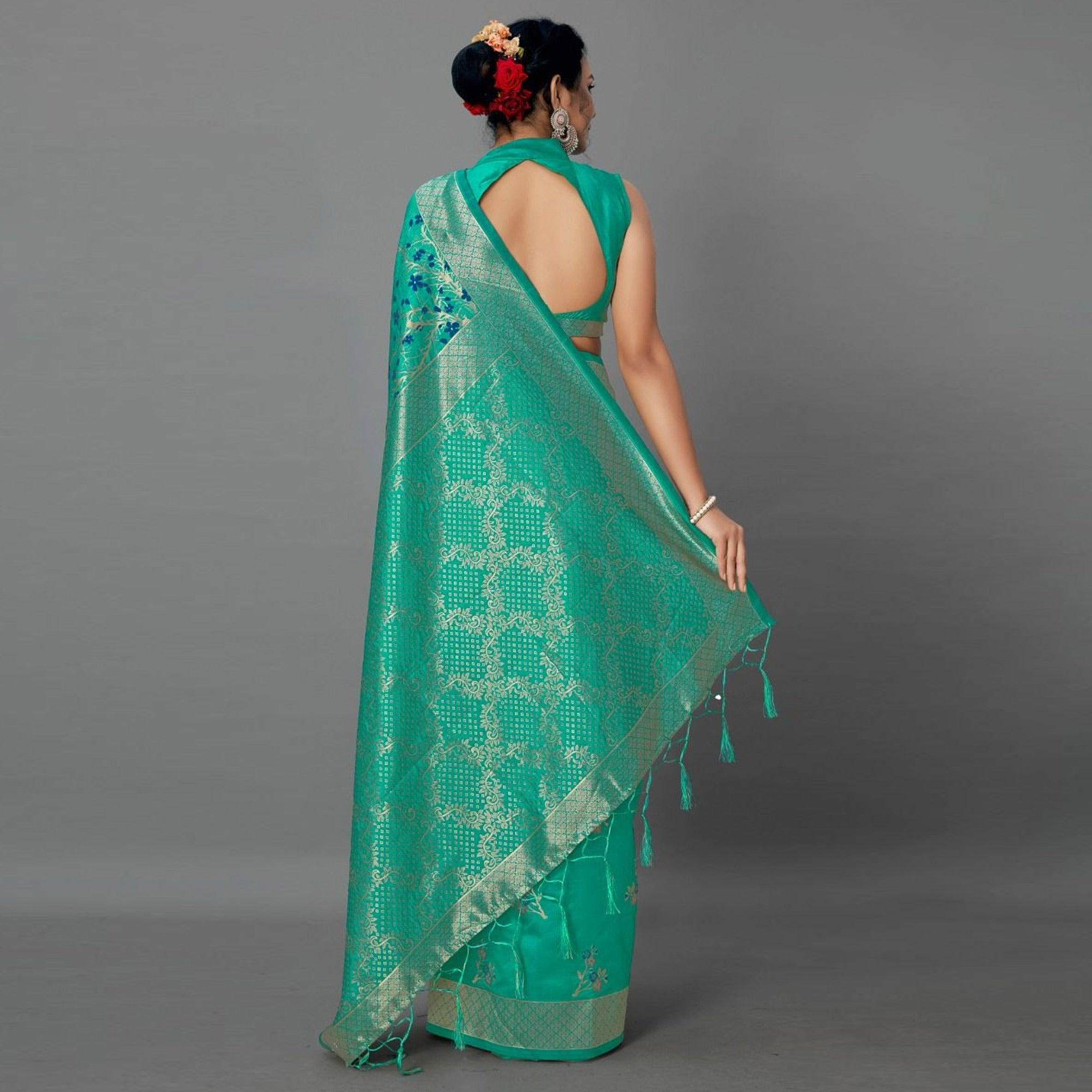 Sareemall Green Casual Silk Blend Printed Saree With Unstitched Blouse - Peachmode