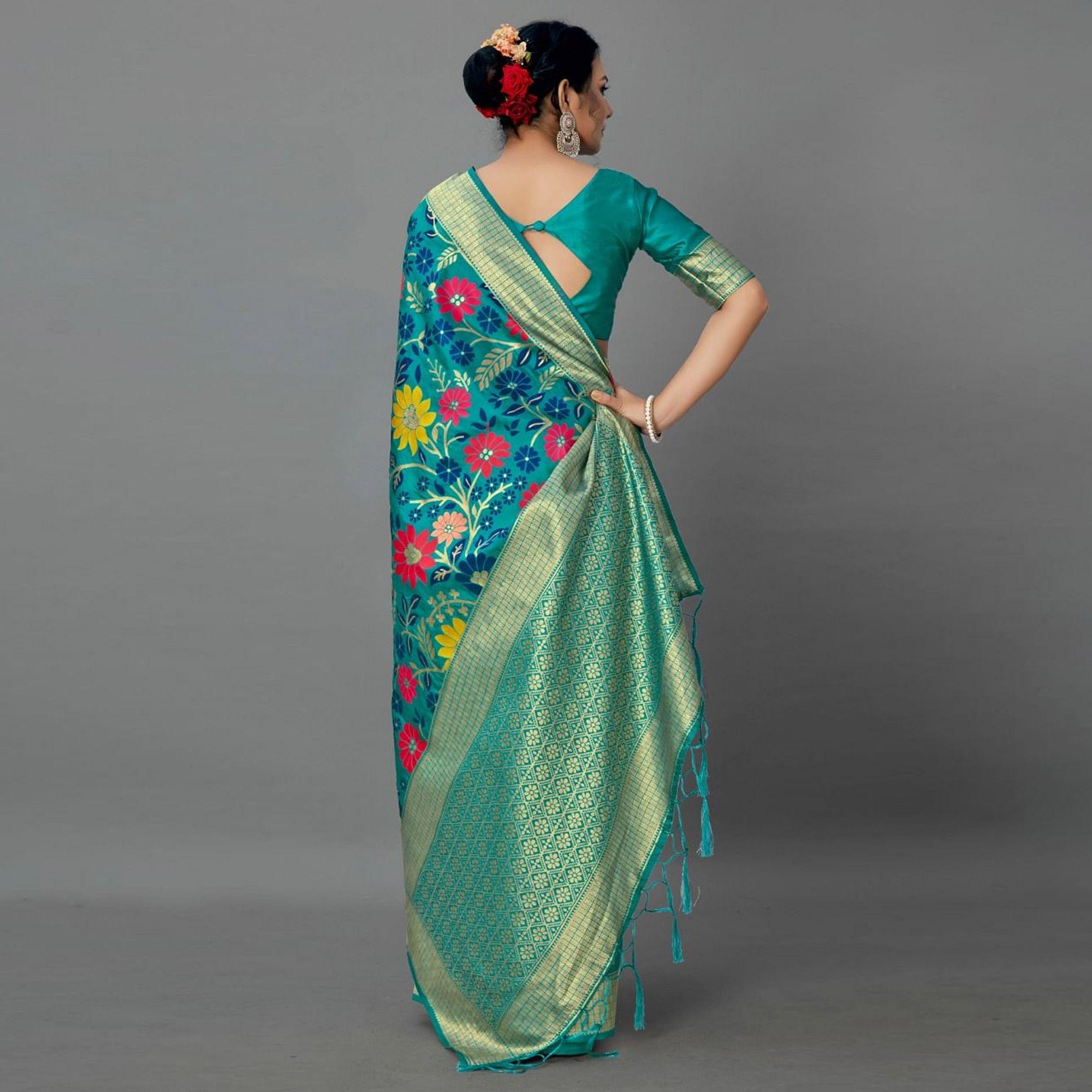 Sareemall Green Casual Silk Blend Printed Saree With Unstitched Blouse - Peachmode