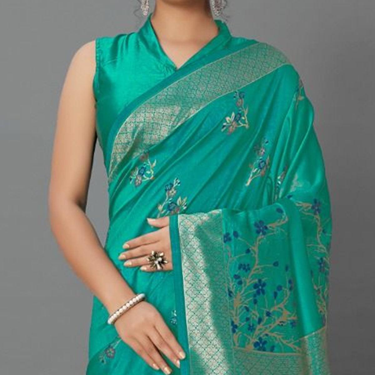 Sareemall Green Casual Silk Blend Printed Saree With Unstitched Blouse - Peachmode
