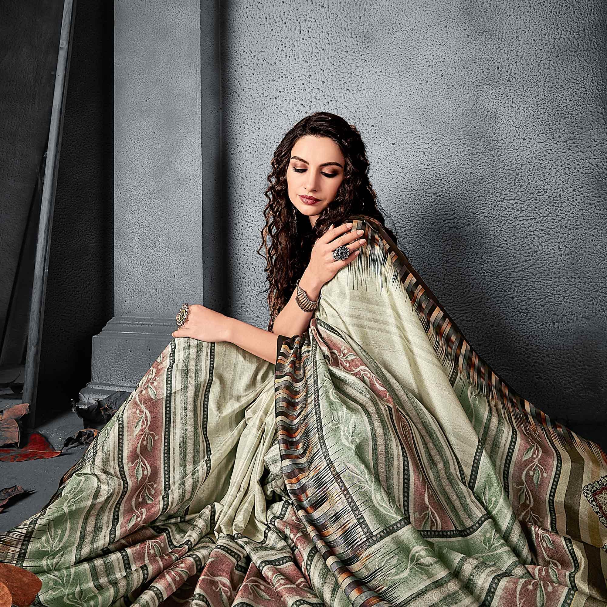 Sareemall Green Festive Manipuri Silk Stripes Saree With Unstitched Blouse - Peachmode