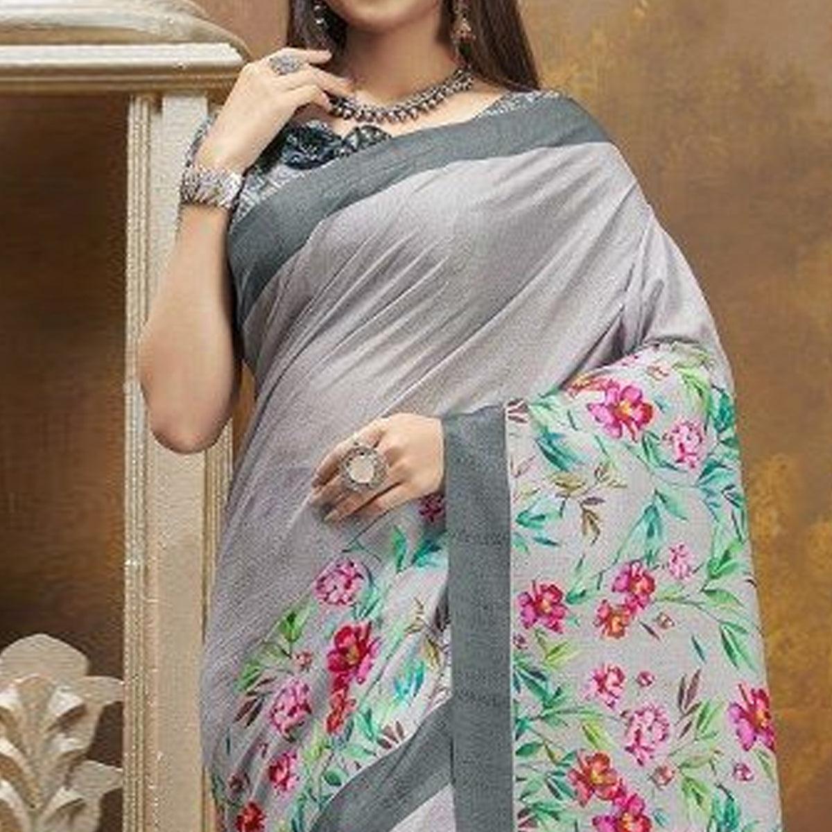 Sareemall Grey Casual Satin Printed Saree With Unstitched Blouse - Peachmode
