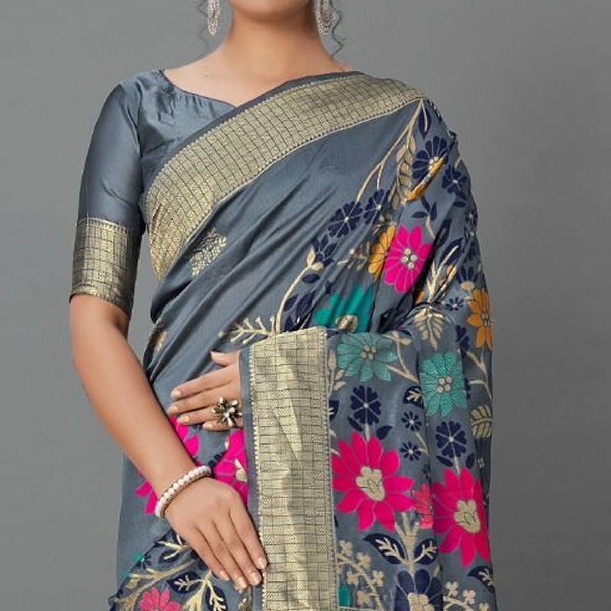 Sareemall Grey Casual Silk Blend Printed Saree With Unstitched Blouse - Peachmode