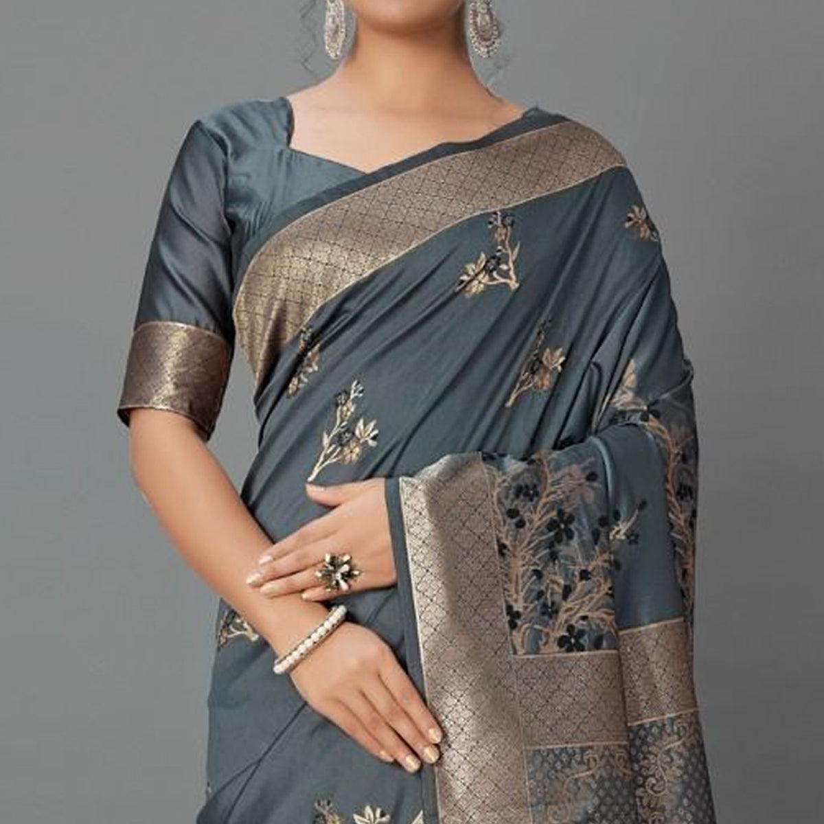 Sareemall Grey Casual Silk Blend Printed Saree With Unstitched Blouse - Peachmode