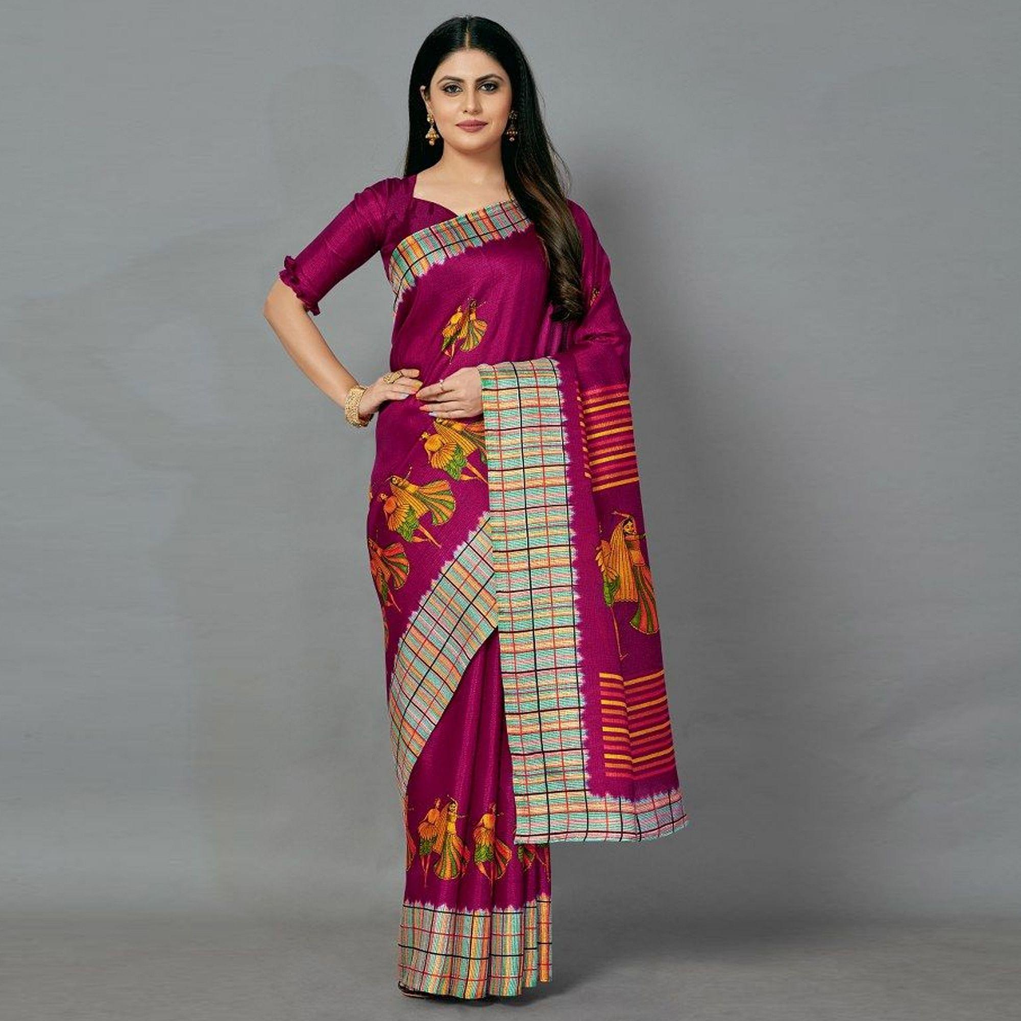 Sareemall Maroon Casual Art Silk Printed Saree With Unstitched Blouse - Peachmode