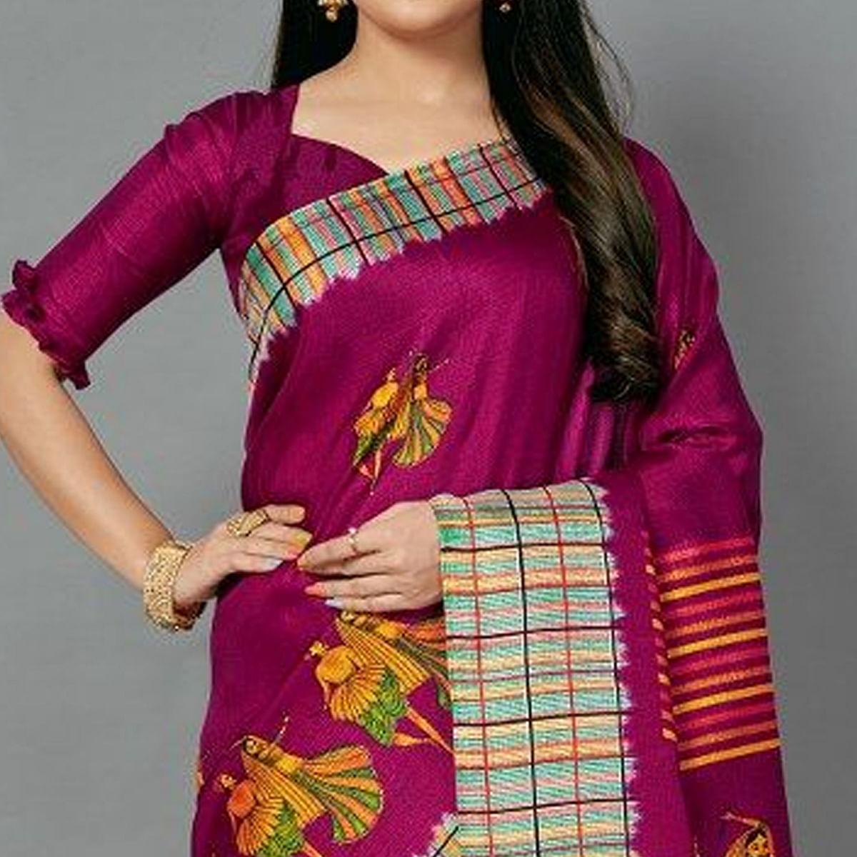 Sareemall Maroon Casual Art Silk Printed Saree With Unstitched Blouse - Peachmode