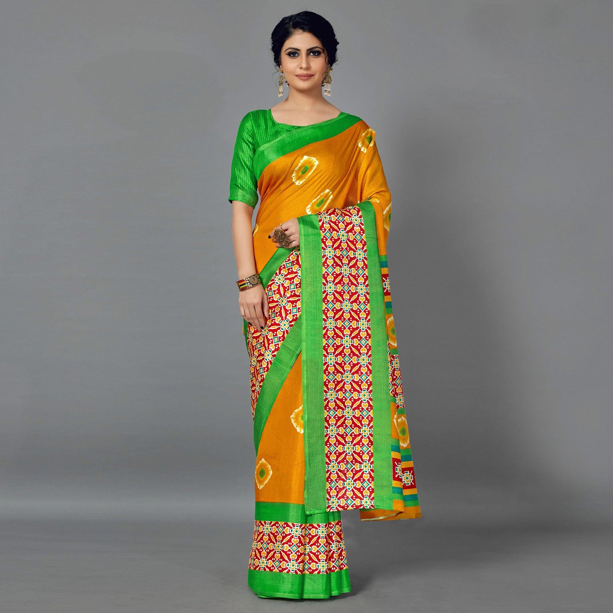 Sareemall Mustard Casual Art Silk Printed Saree With Unstitched Blouse - Peachmode