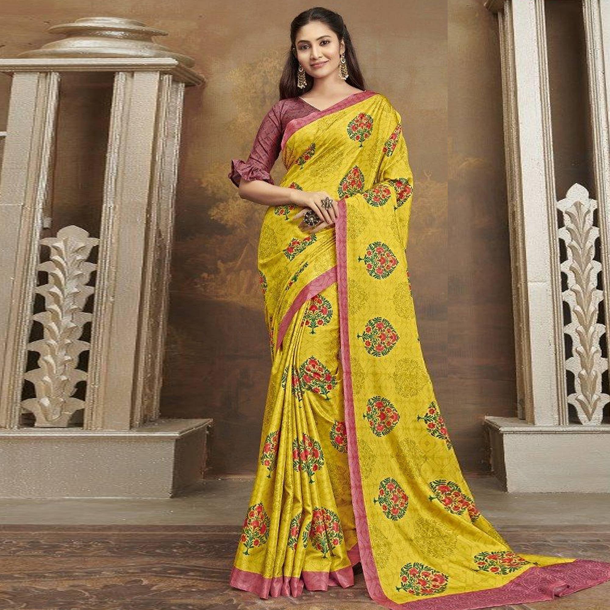 Sareemall Mustard Casual Satin Printed Saree With Unstitched Blouse - Peachmode