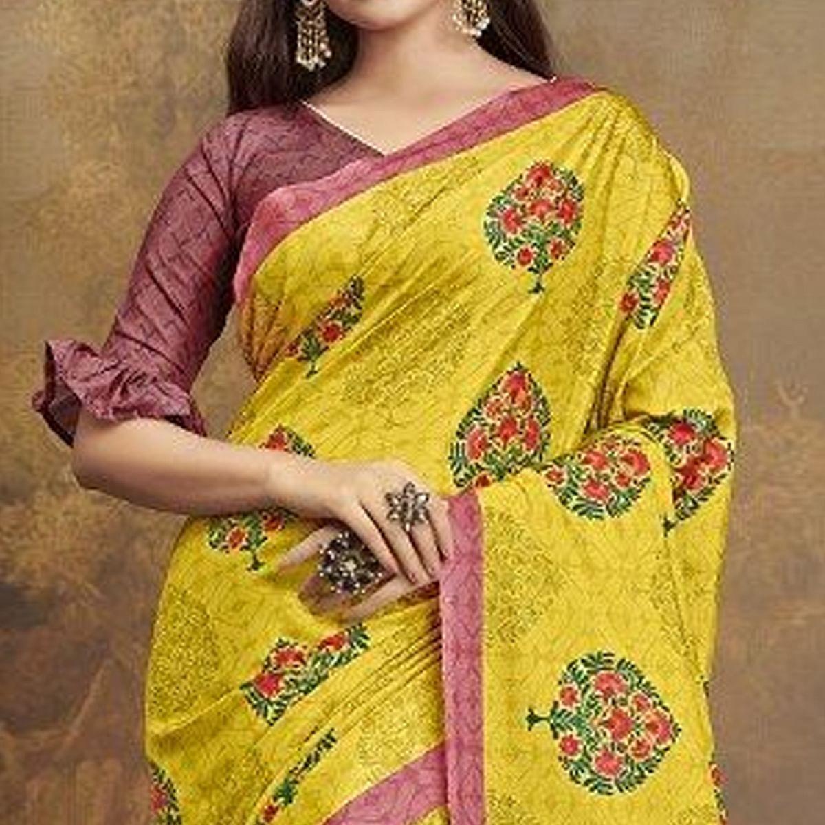 Sareemall Mustard Casual Satin Printed Saree With Unstitched Blouse - Peachmode