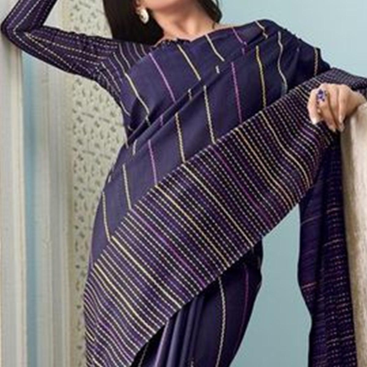 Sareemall Navy Blue Casual Bhagalpuri Printed Saree With Unstitched Blouse - Peachmode