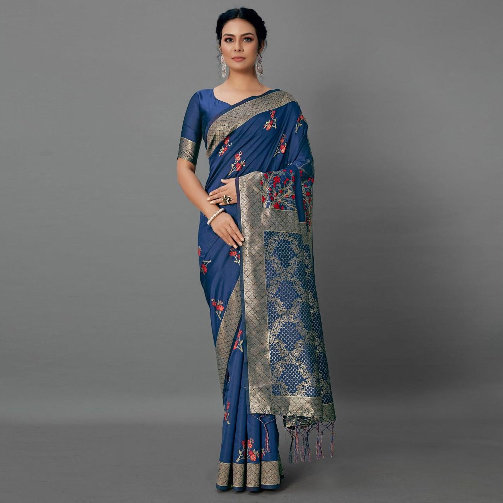 Sareemall Navy Blue Casual Silk Blend Printed Saree With Unstitched Blouse - Peachmode