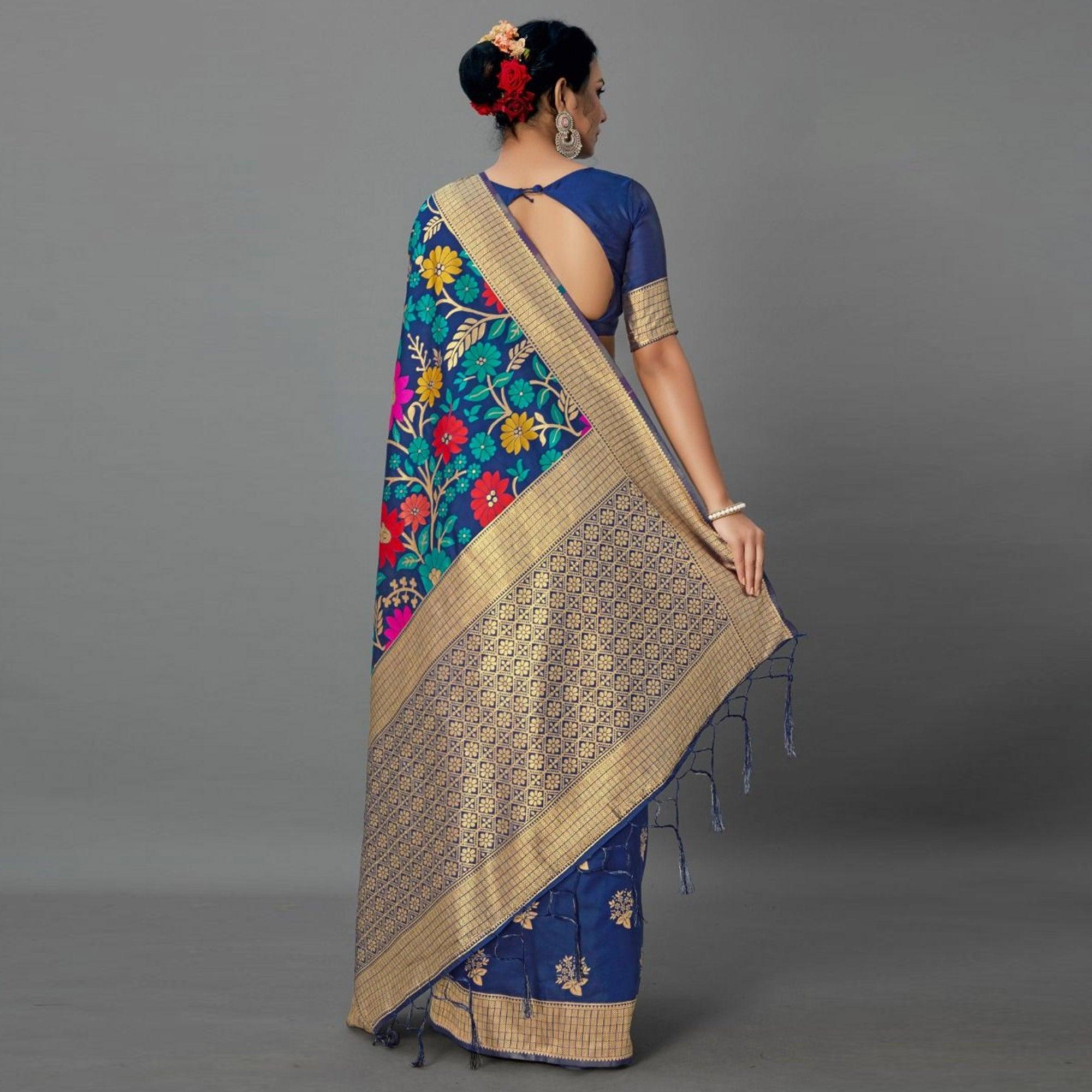 Sareemall Navy Blue Casual Silk Blend Printed Saree With Unstitched Blouse - Peachmode
