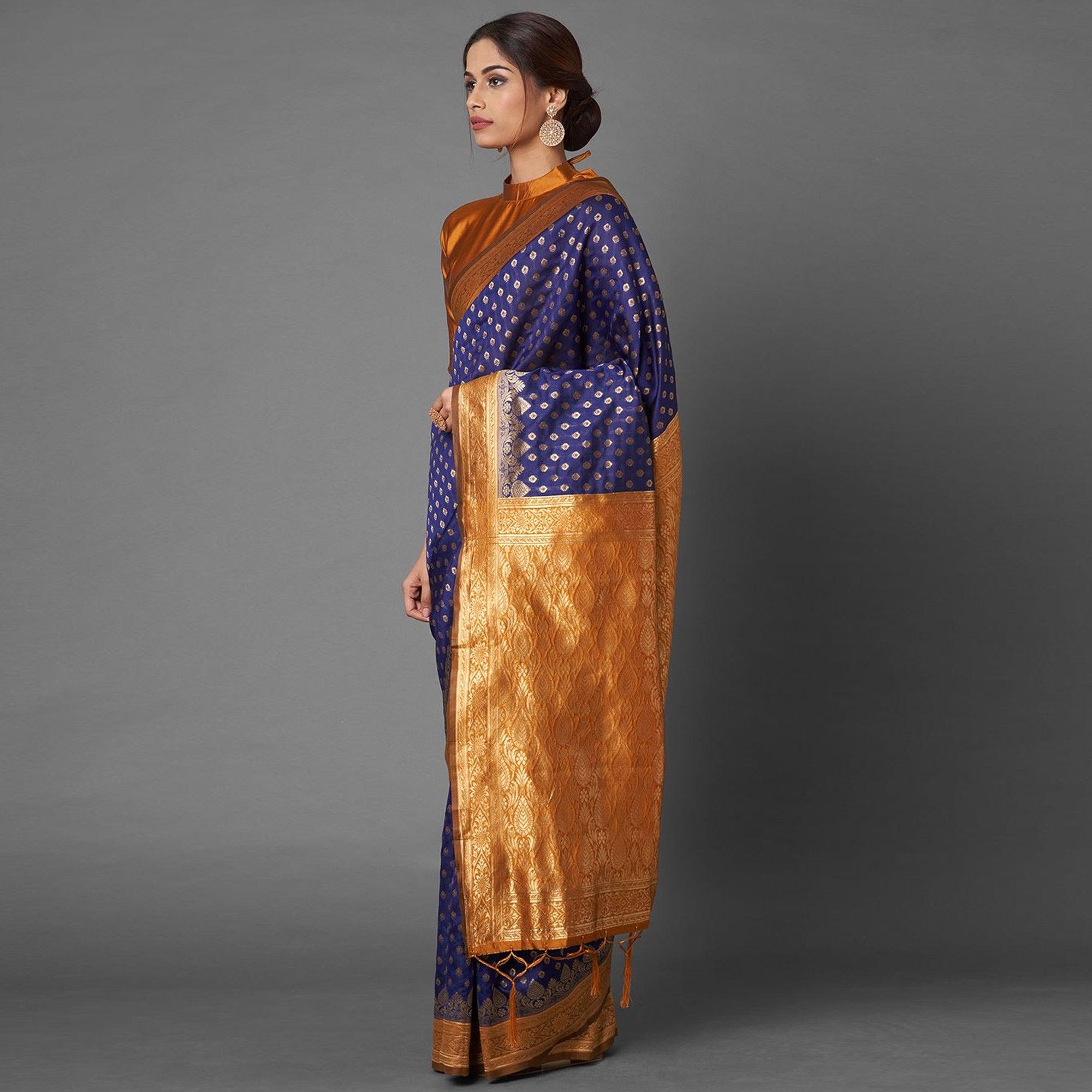 Sareemall Navy Blue Festive Wear Silk Blend Woven Border Saree With Unstitched Blouse - Peachmode