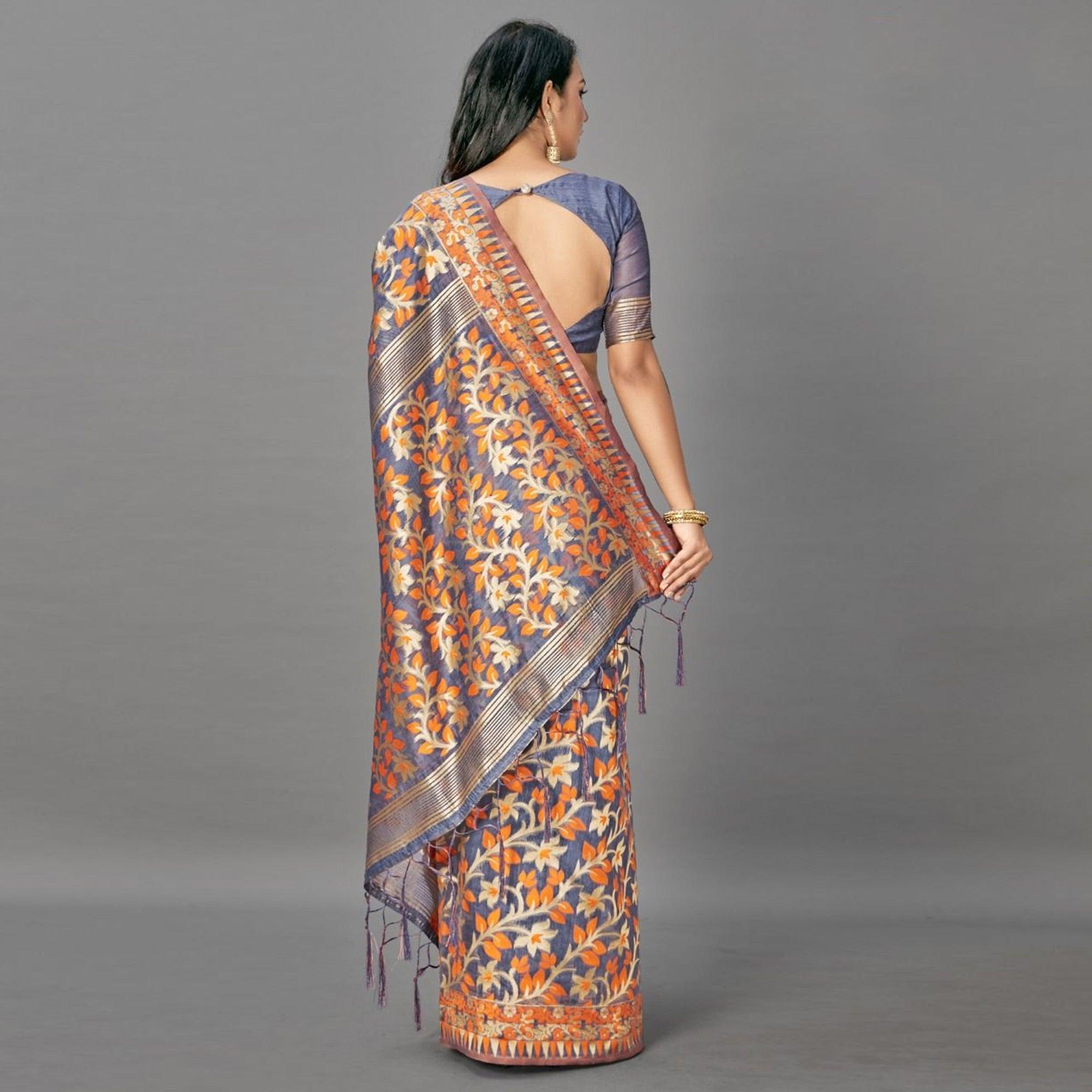 Sareemall Orange Casual Bhagalpuri Silk Woven Saree With Unstitched Blouse - Peachmode