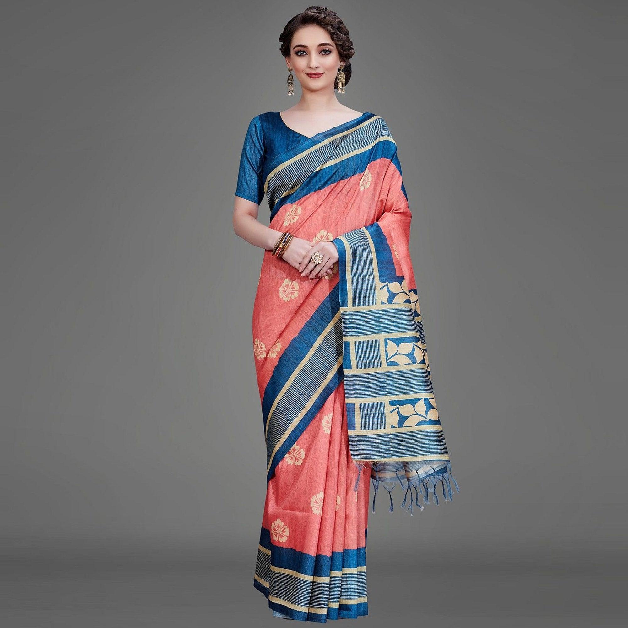 Sareemall Peach Casual Art Silk Printed Saree With Unstitched Blouse - Peachmode