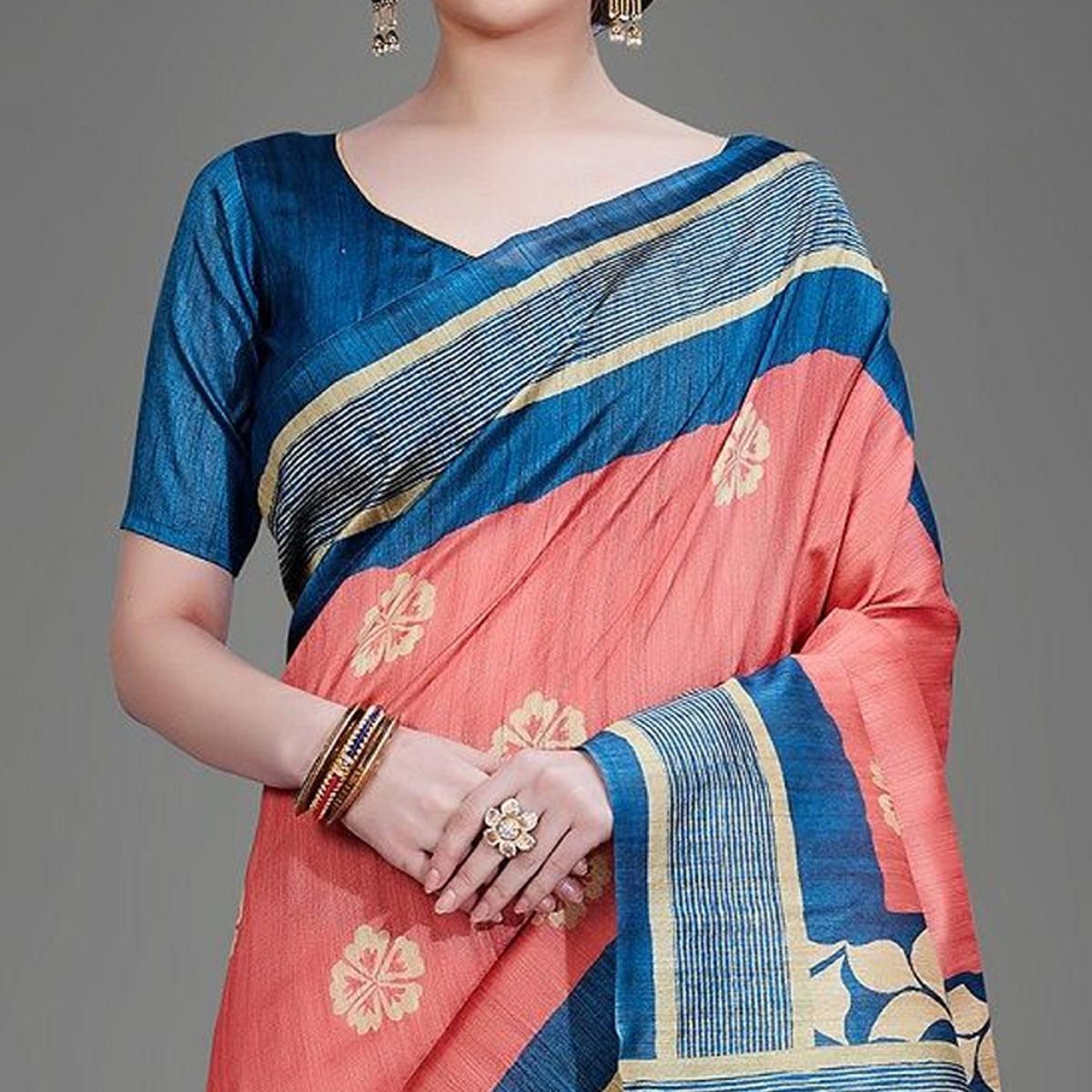 Sareemall Peach Casual Art Silk Printed Saree With Unstitched Blouse - Peachmode