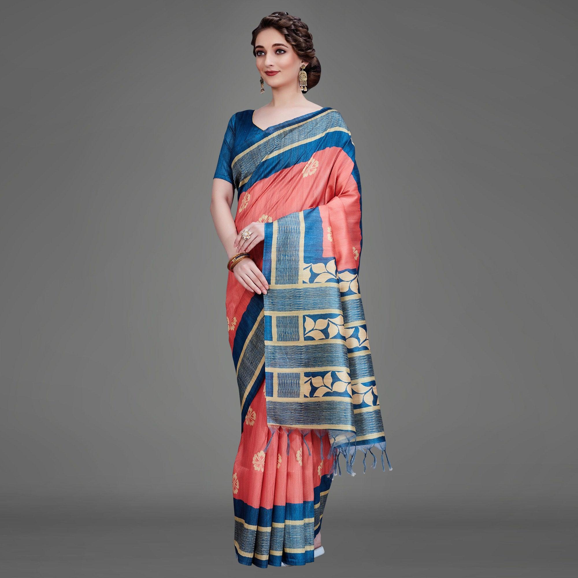 Sareemall Peach Casual Art Silk Printed Saree With Unstitched Blouse - Peachmode