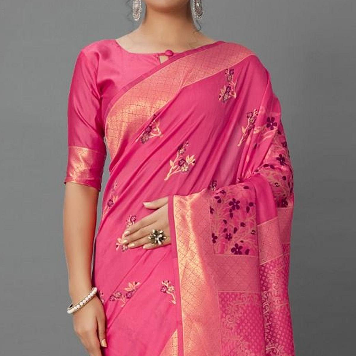 Sareemall Pink Casual Silk Blend Printed Saree With Unstitched Blouse - Peachmode