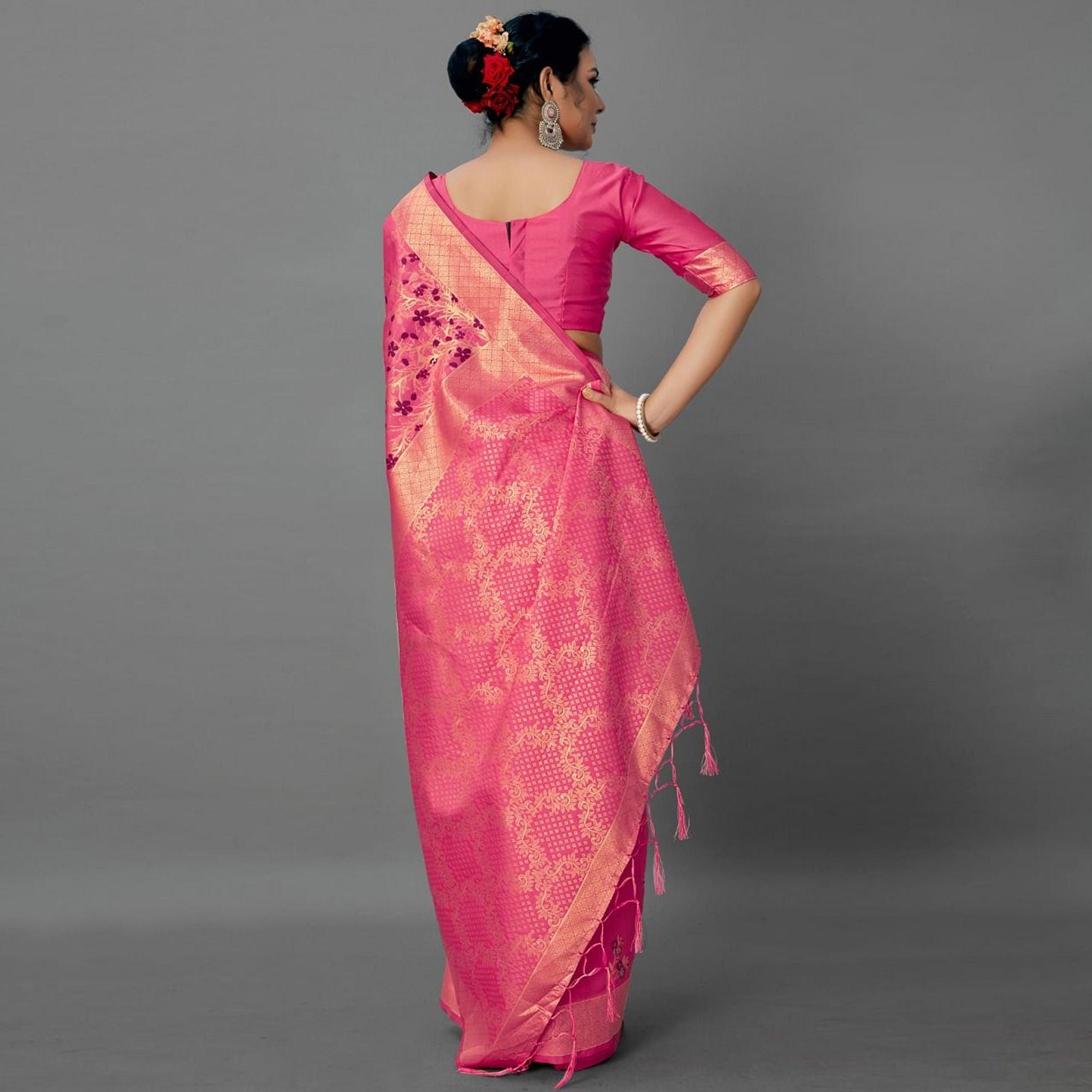 Sareemall Pink Casual Silk Blend Printed Saree With Unstitched Blouse - Peachmode