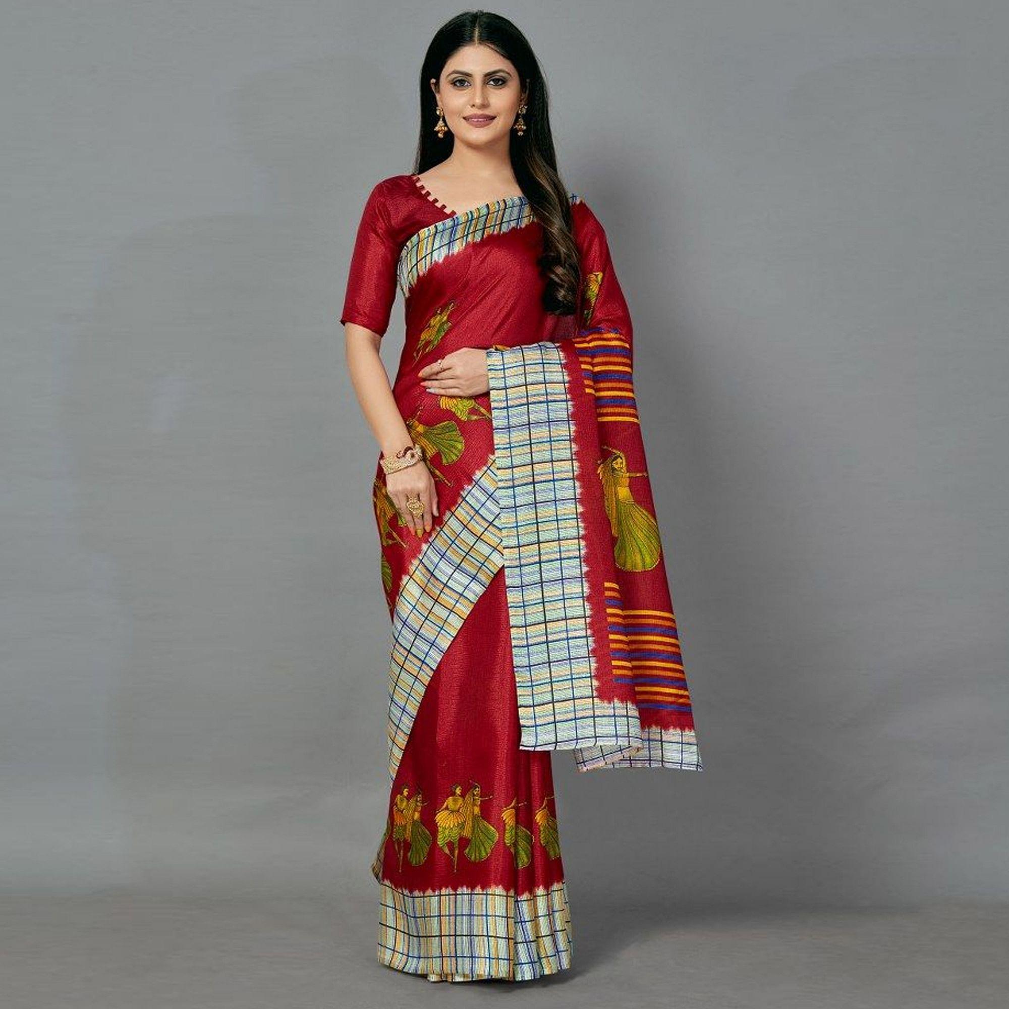 Sareemall Red Casual Art Silk Printed Saree With Unstitched Blouse - Peachmode