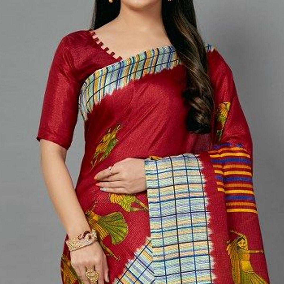 Sareemall Red Casual Art Silk Printed Saree With Unstitched Blouse - Peachmode