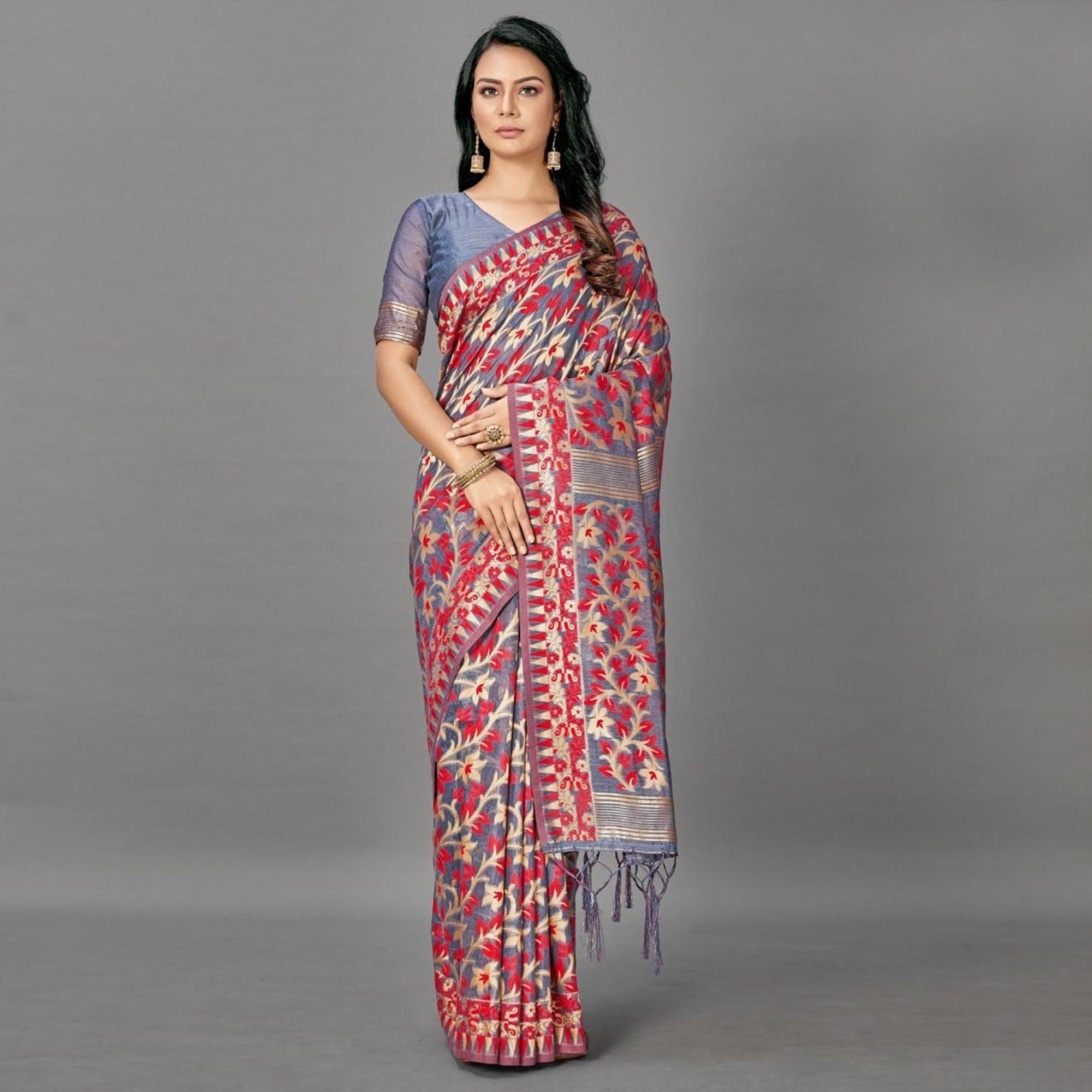 Sareemall Red Casual Bhagalpuri Silk Woven Saree With Unstitched Blouse - Peachmode