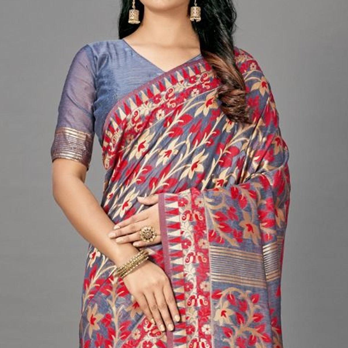 Sareemall Red Casual Bhagalpuri Silk Woven Saree With Unstitched Blouse - Peachmode