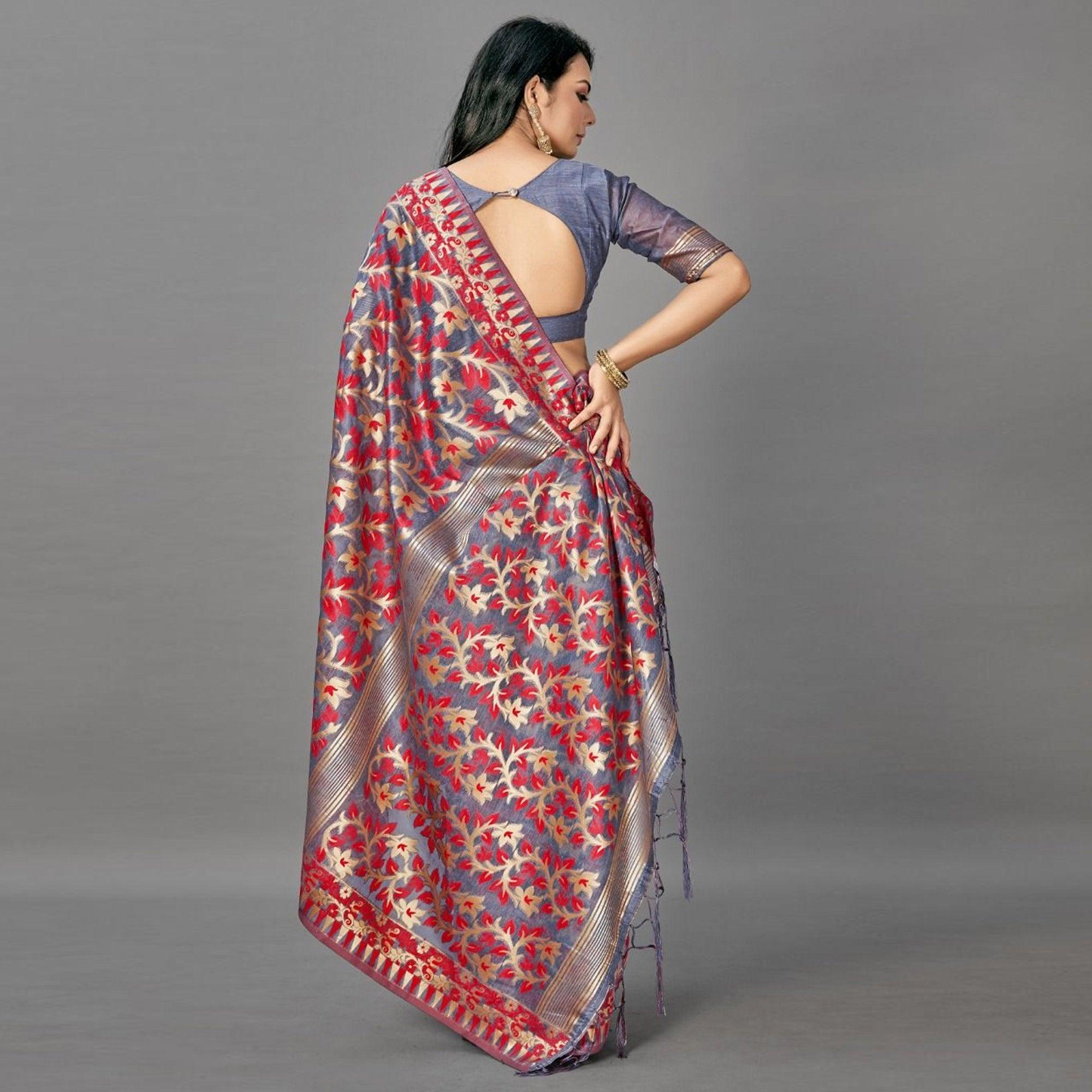 Sareemall Red Casual Bhagalpuri Silk Woven Saree With Unstitched Blouse - Peachmode