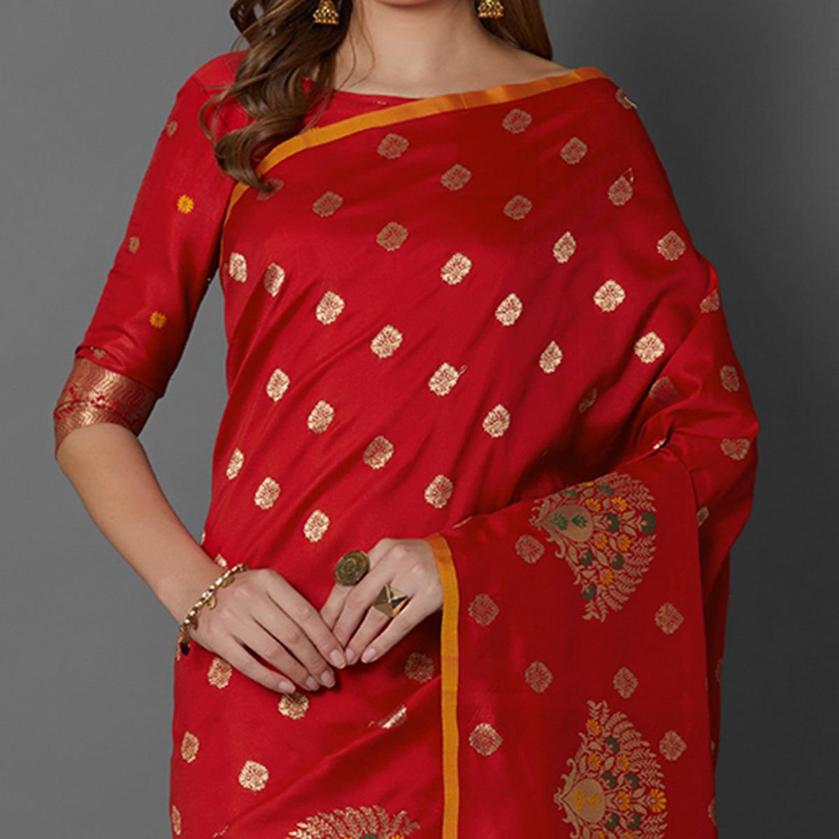 Sareemall Red Festive Wear Silk Blend Woven Border Saree With Unstitched Blouse - Peachmode