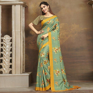Sareemall Sea Green Casual Satin Printed Saree With Unstitched Blouse - Peachmode