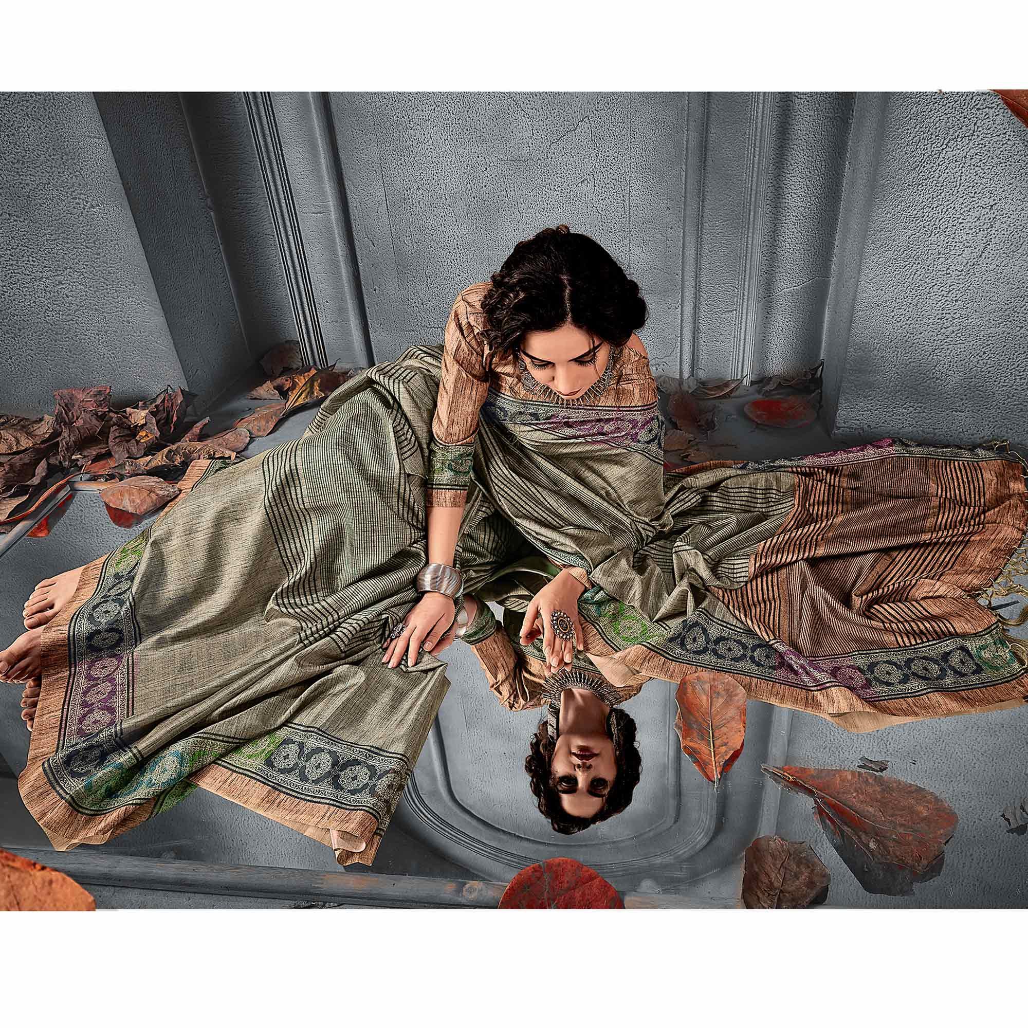 Sareemall Sky Blue Festive Manipuri Silk Stripes Saree With Unstitched Blouse - Peachmode