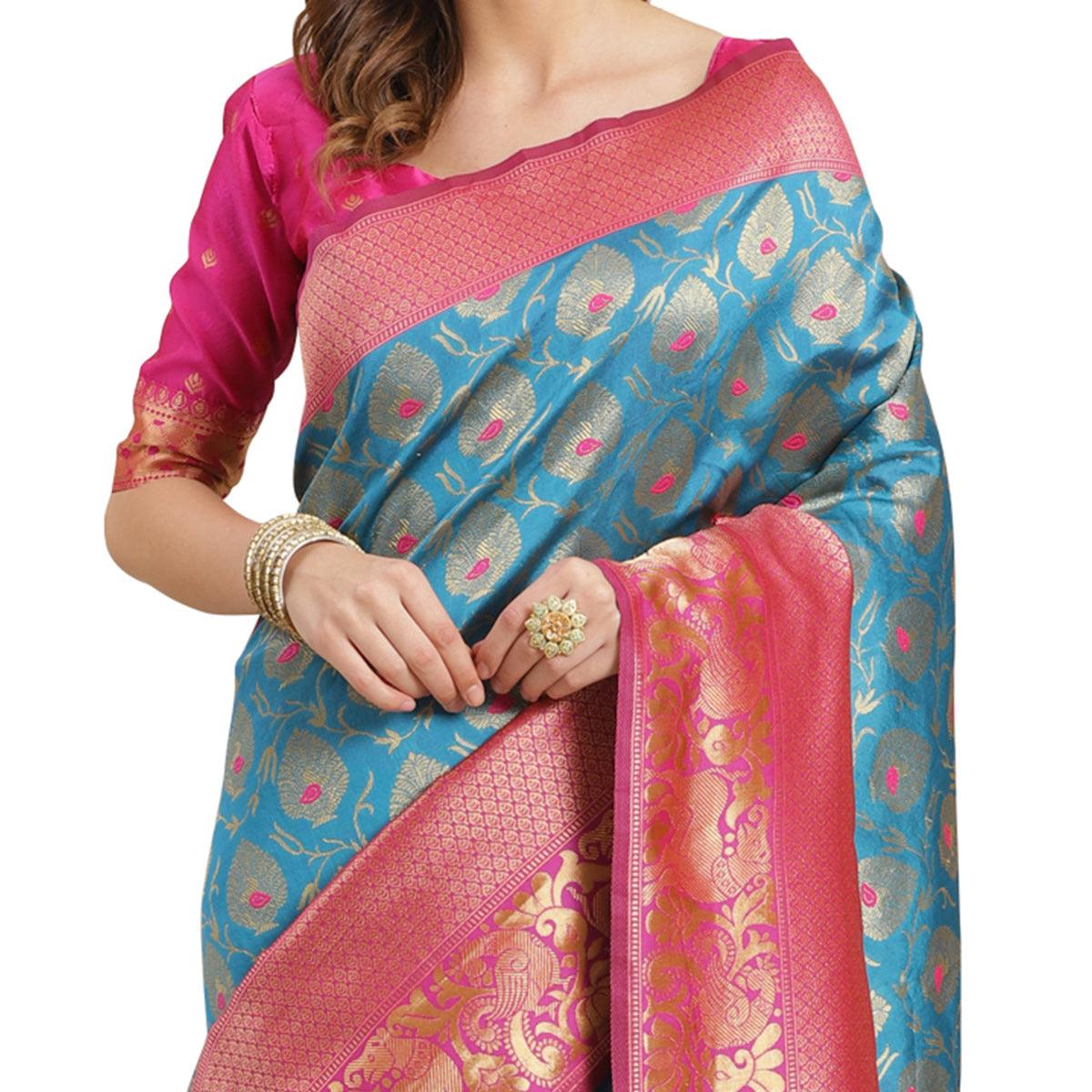 Sareemall Sky Blue Silk Blend Woven With Unstitched Blouse - Peachmode