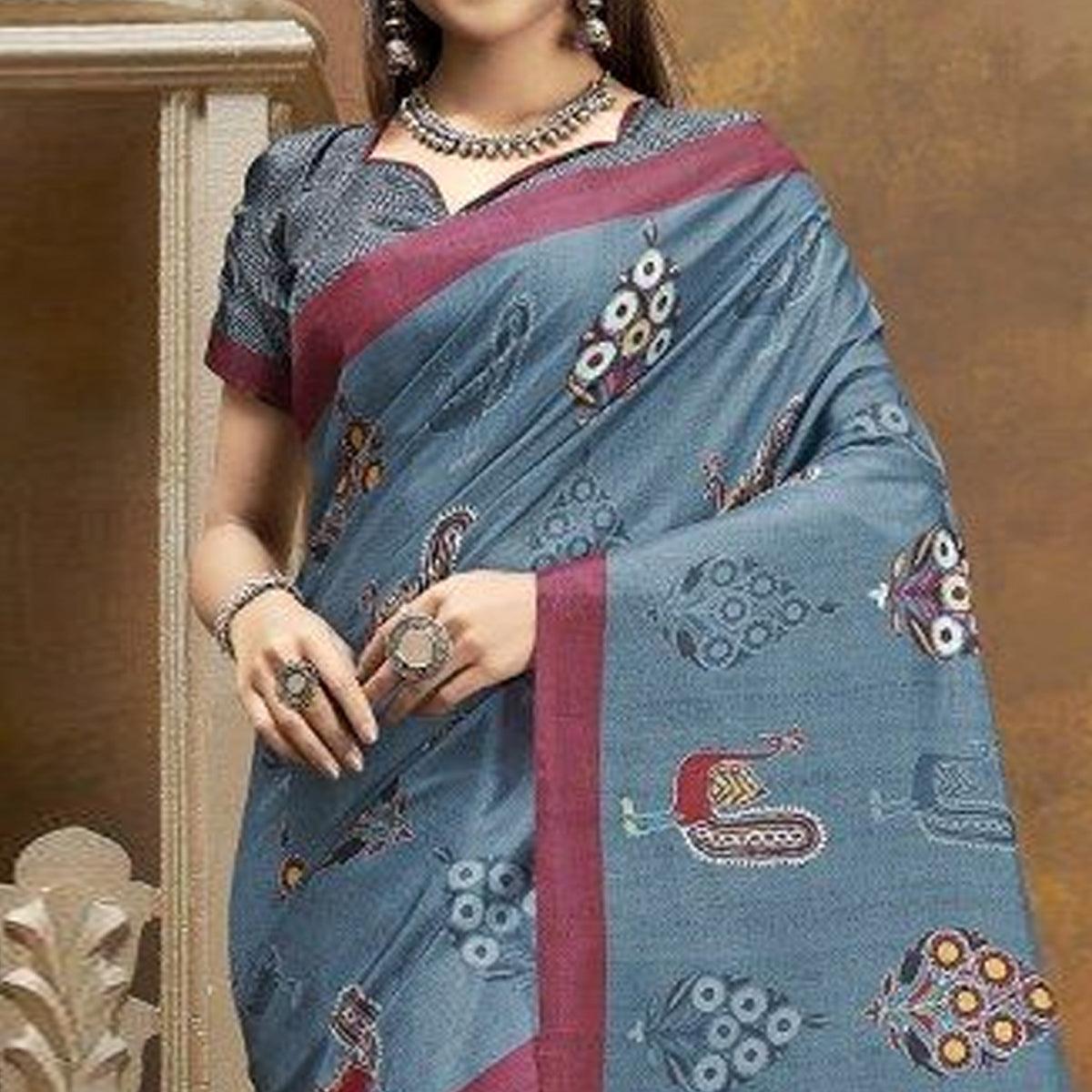 Sareemall Teal Blue Casual Satin Printed Saree With Unstitched Blouse - Peachmode