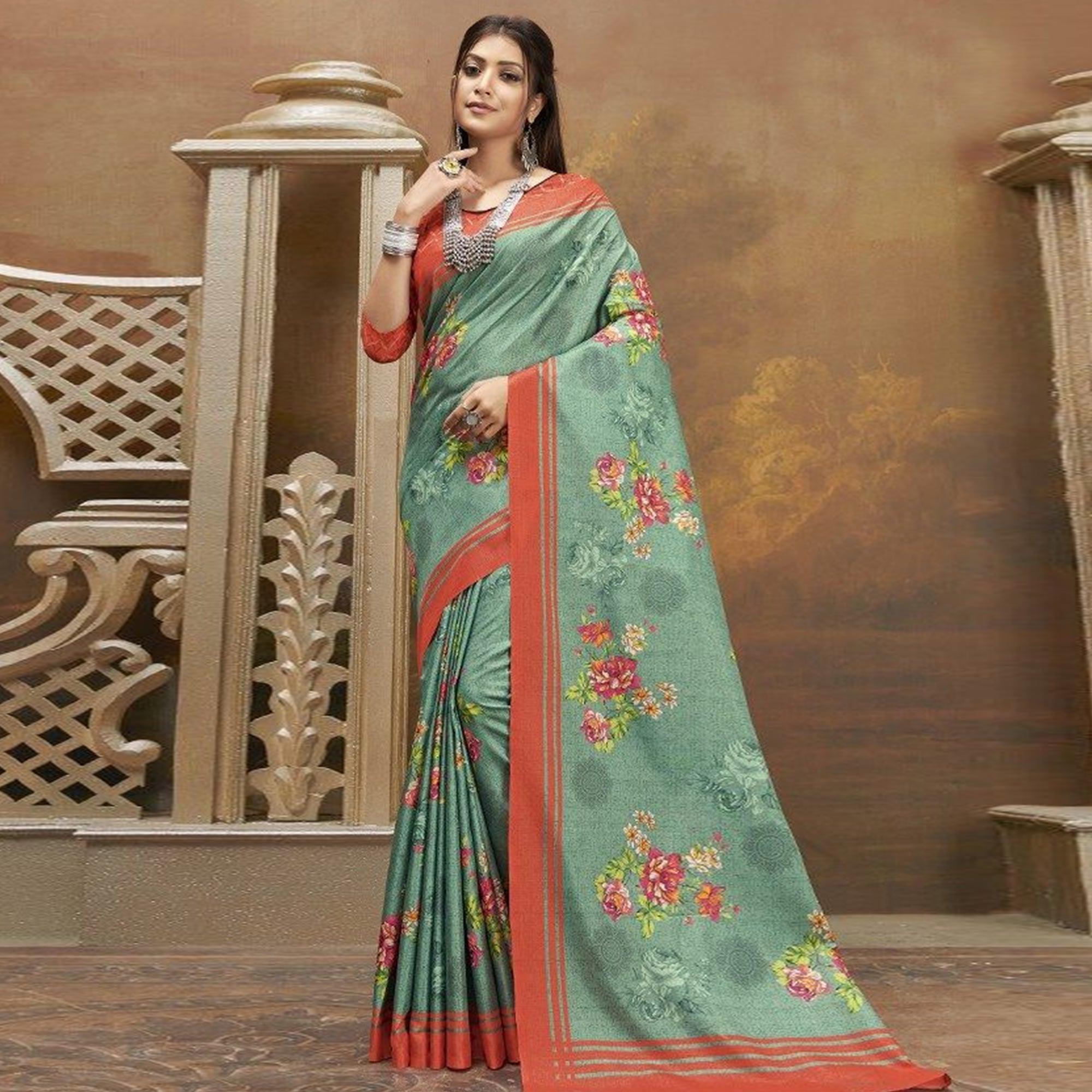 Sareemall Teal Green Casual Satin Printed Saree With Unstitched Blouse - Peachmode