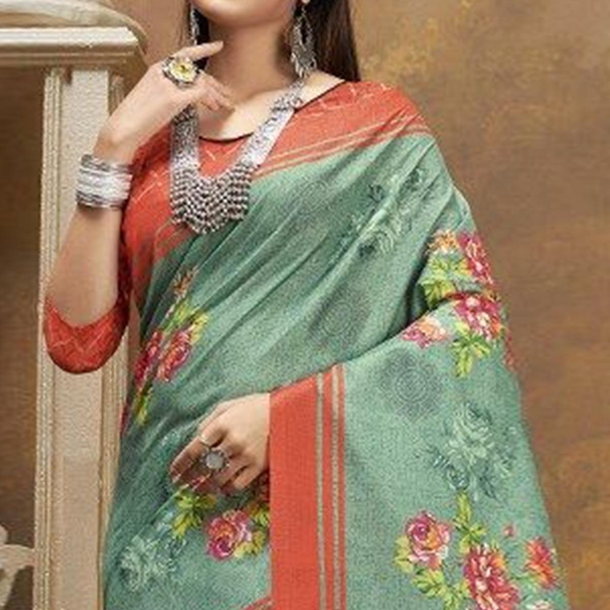 Sareemall Teal Green Casual Satin Printed Saree With Unstitched Blouse - Peachmode