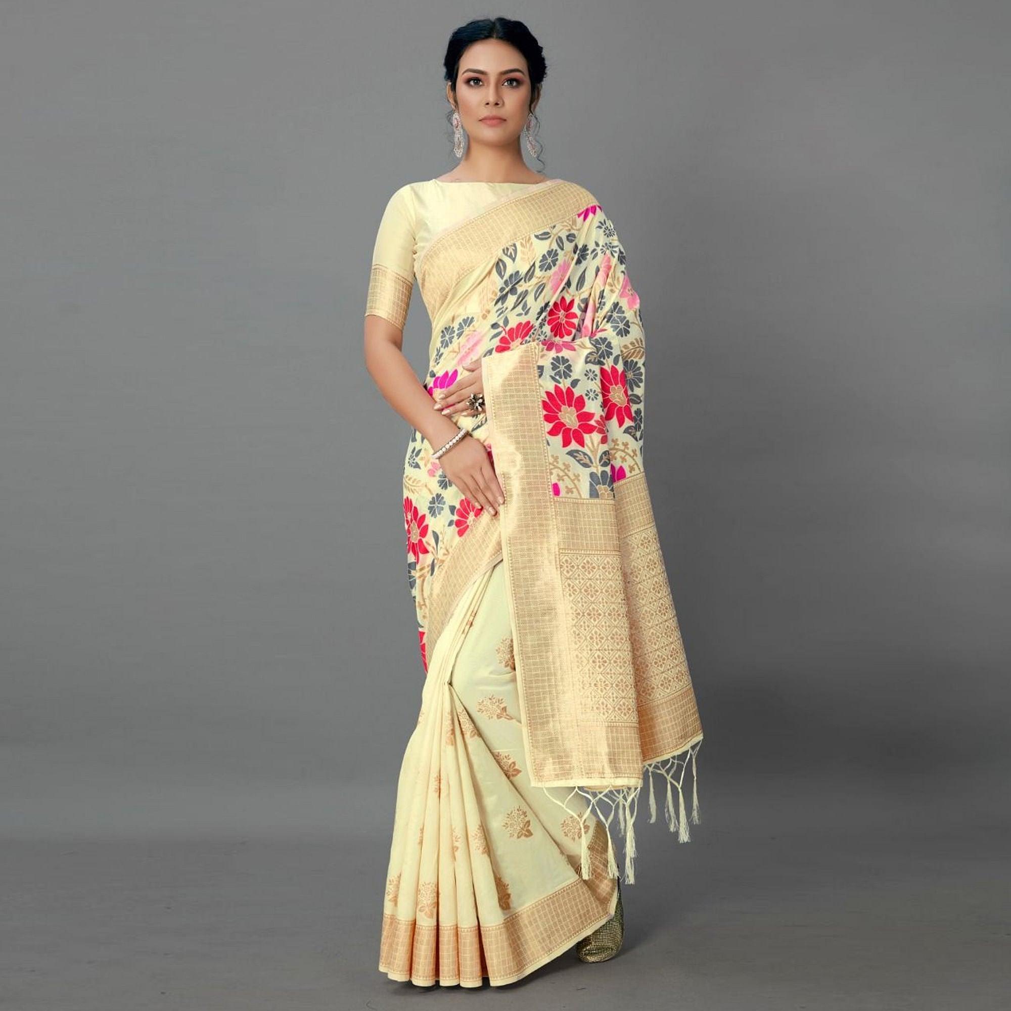 Sareemall Yellow Casual Silk Blend Printed Saree With Unstitched Blouse - Peachmode