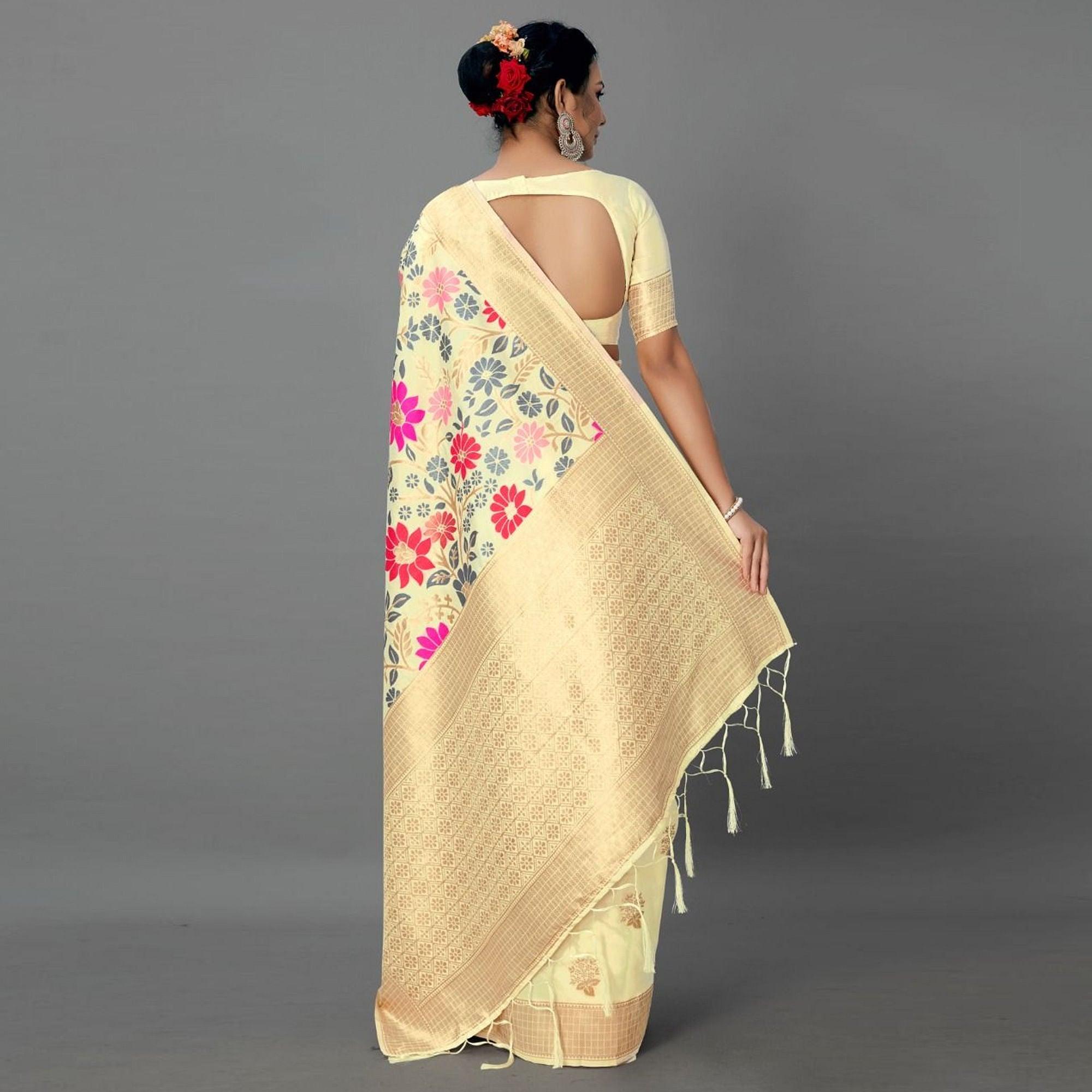 Sareemall Yellow Casual Silk Blend Printed Saree With Unstitched Blouse - Peachmode