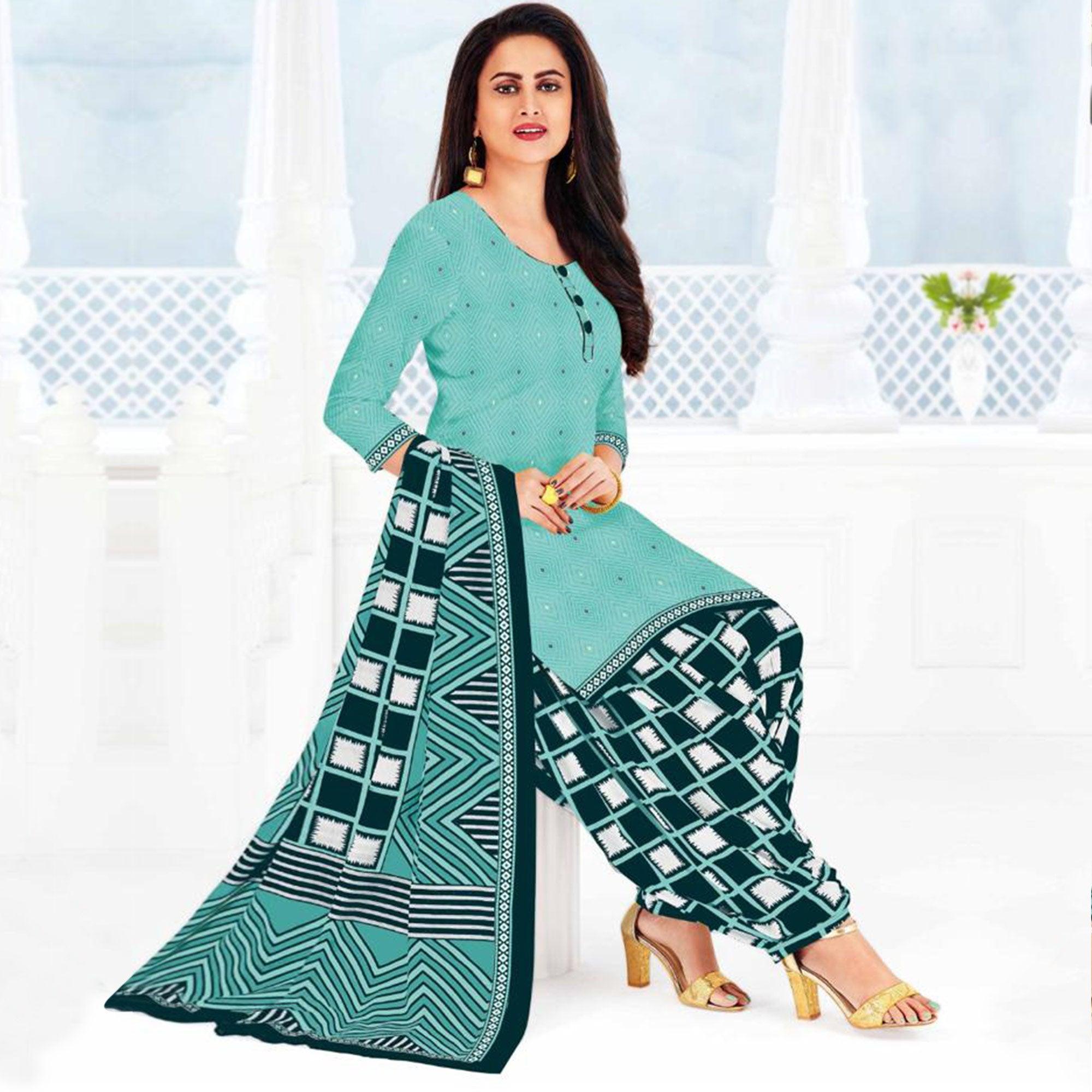 Sea Blue Casual Wear Printed Leon Patiala Dress Material - Peachmode