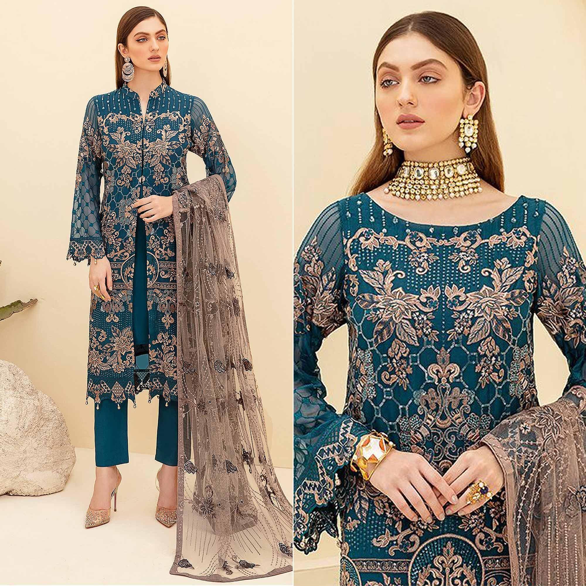 Sea Blue Embroidered Georgette Pakistani Suit - Peachmode